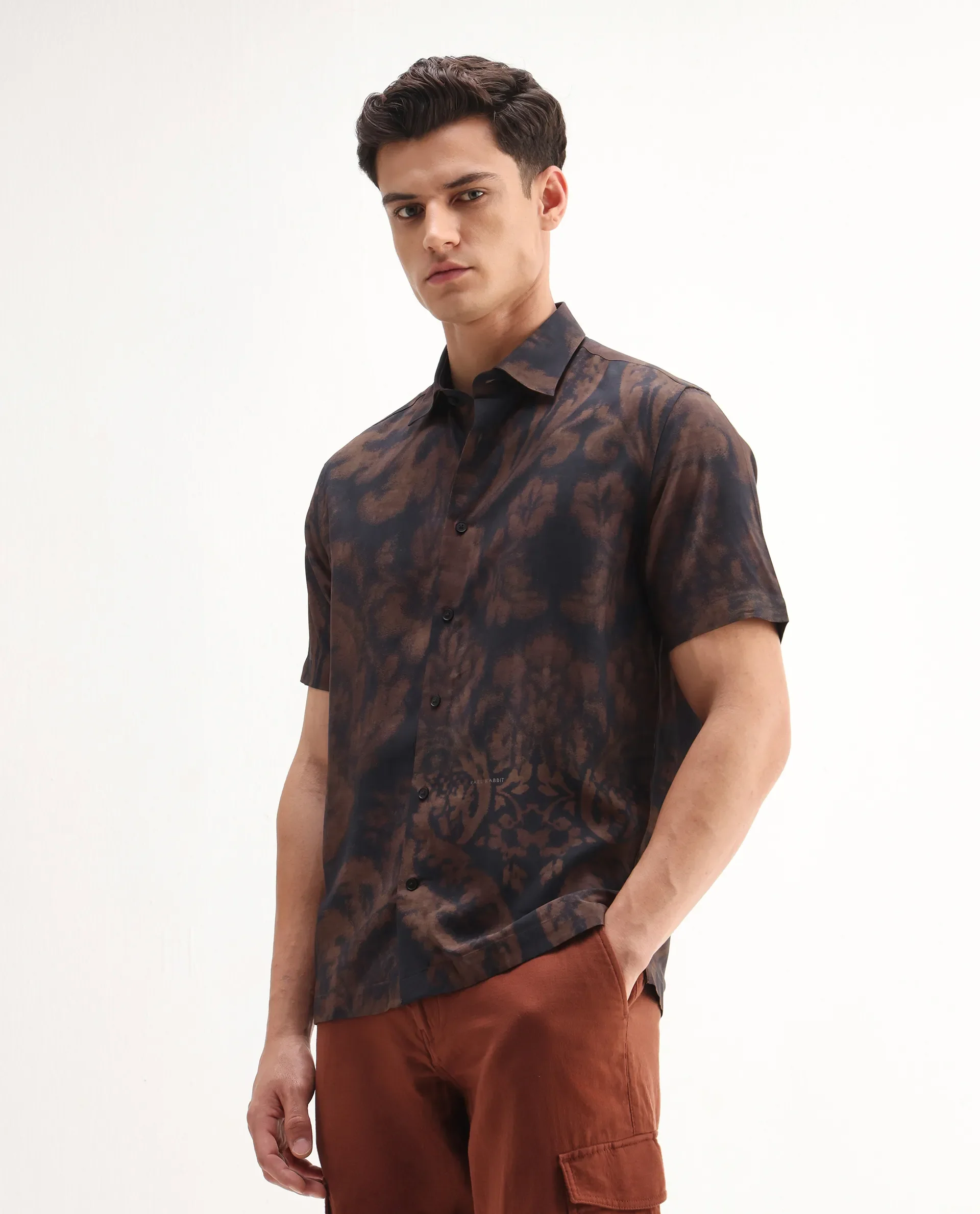 Rare Rabbit Men's Horos Black Linen Blend Floral Print Regular Fit Half Sleeve Collared Shirt - Image 6