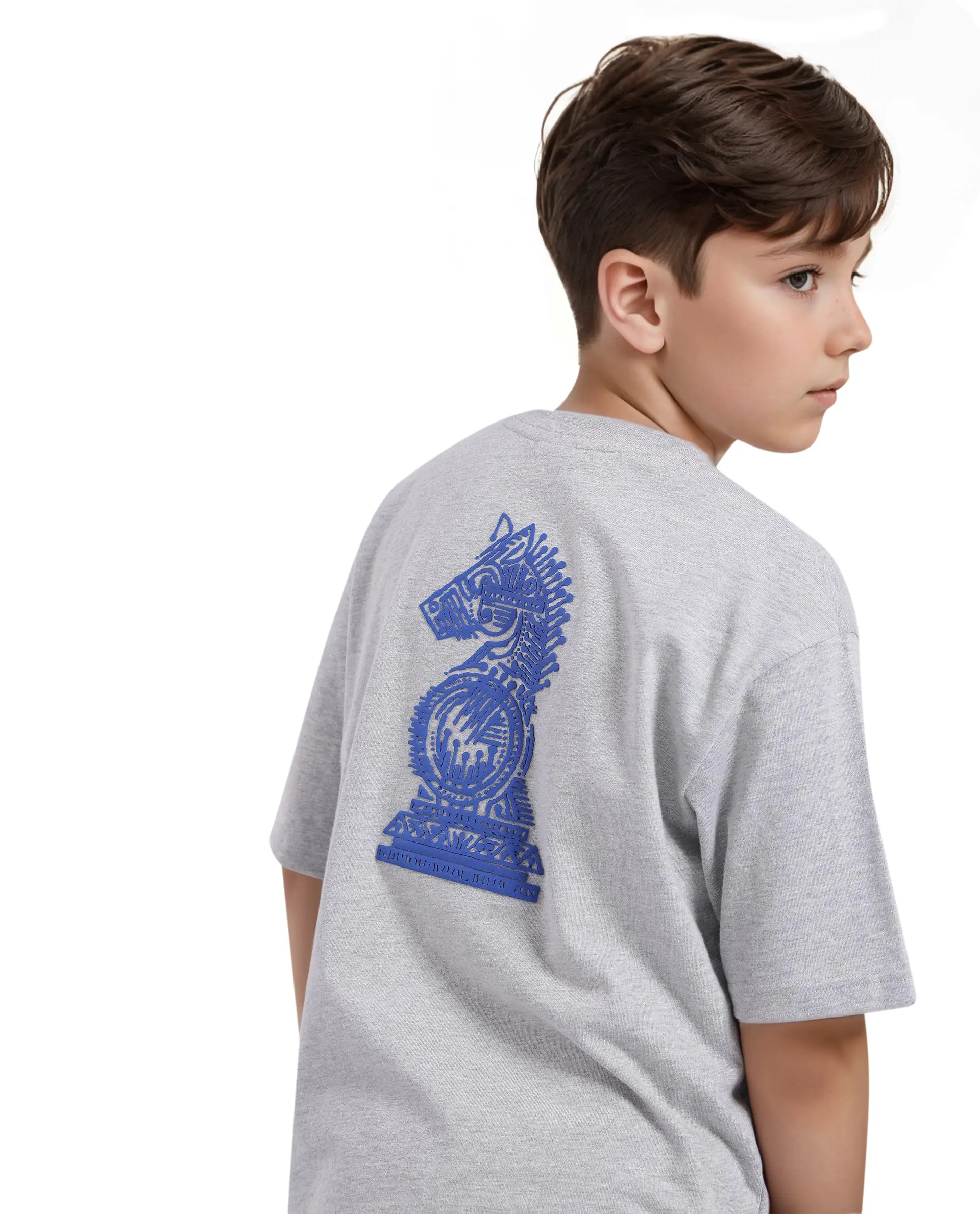 Rare Ones Kids Horse Melange Grey Cotton Half Sleeves Crew Neck Oversized Fit Graphic Back Print T-Shirt - Image 7