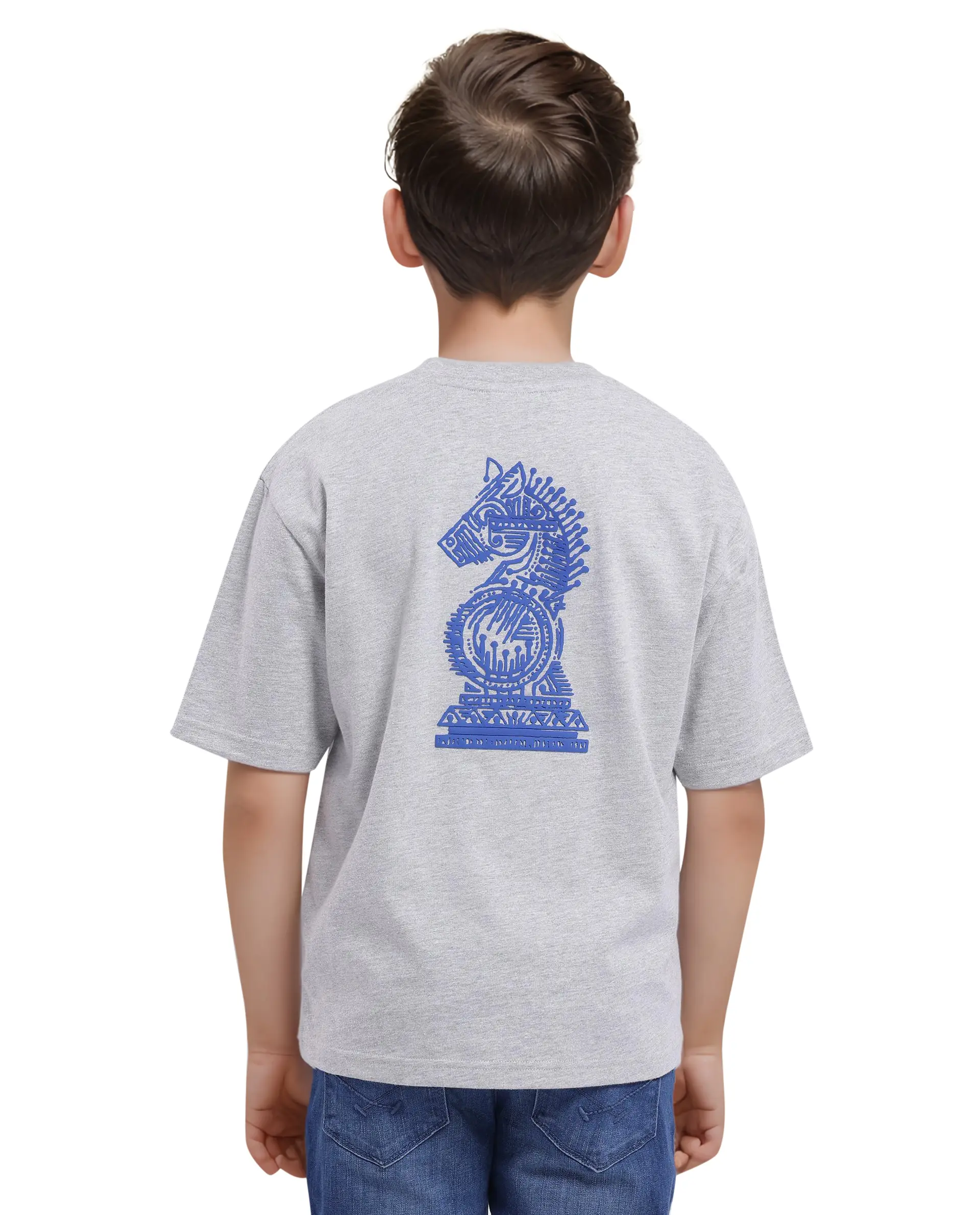 Rare Ones Kids Horse Melange Grey Cotton Half Sleeves Crew Neck Oversized Fit Graphic Back Print T-Shirt - Image 9