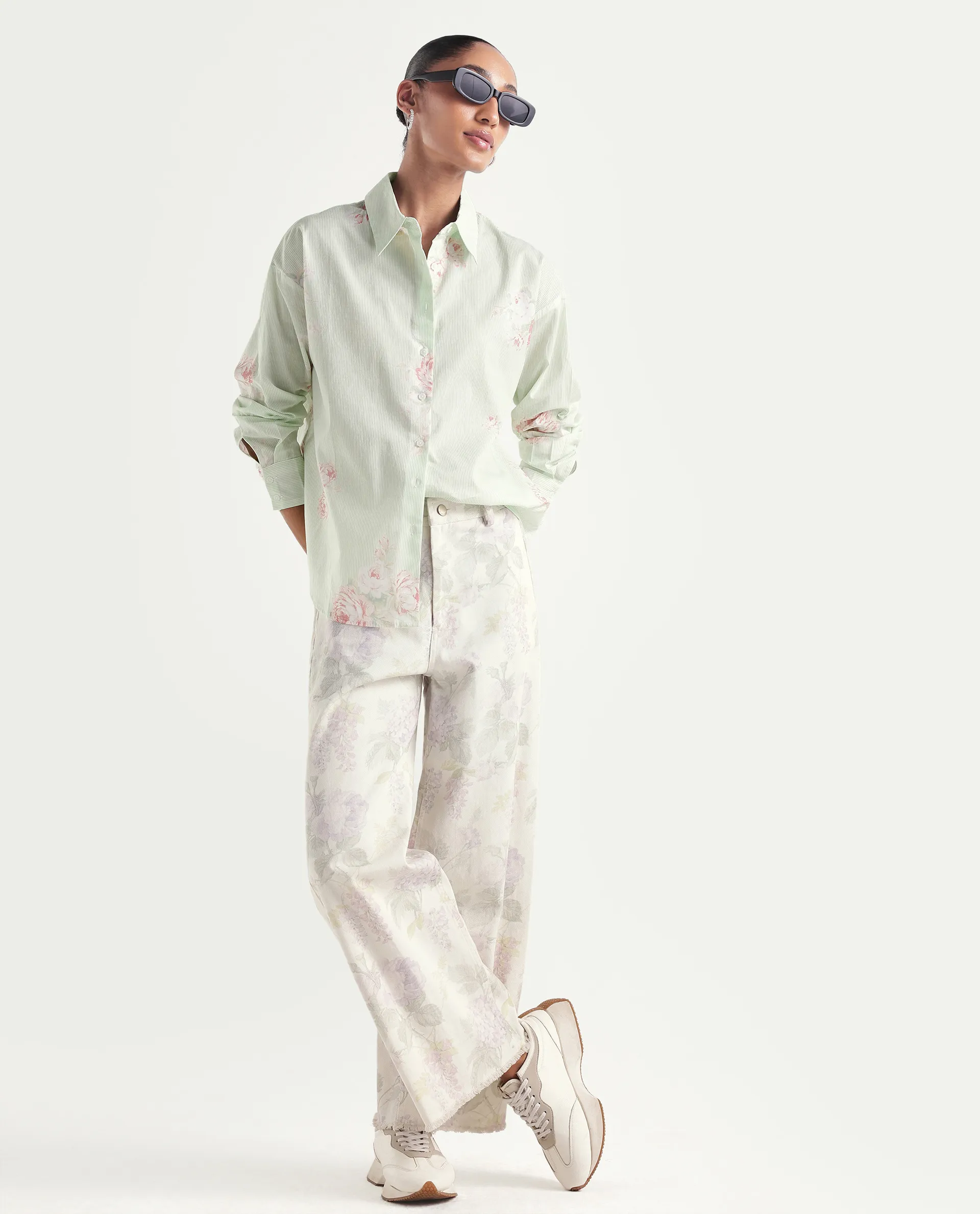 Rareism Women's Horu Light Green Cotton Full Sleeve Spread Collar Button Oversized Floral Print Shirt Oversize - Image 2