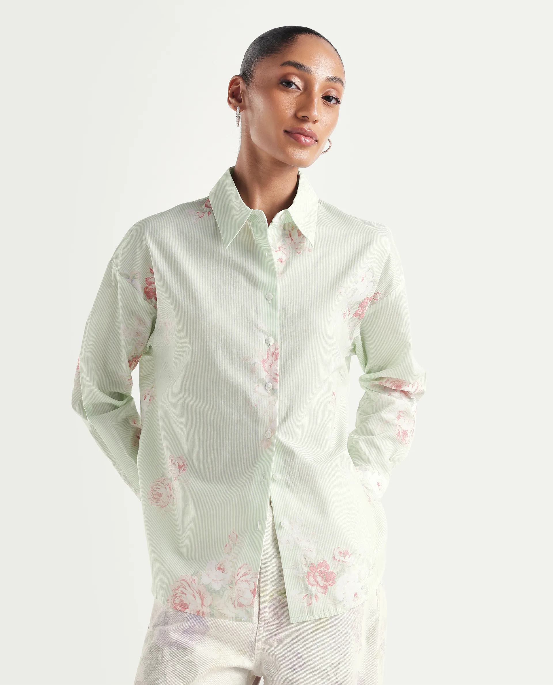Rareism Women's Horu Light Green Cotton Full Sleeve Spread Collar Button Oversized Floral Print Shirt Oversize - Image 3