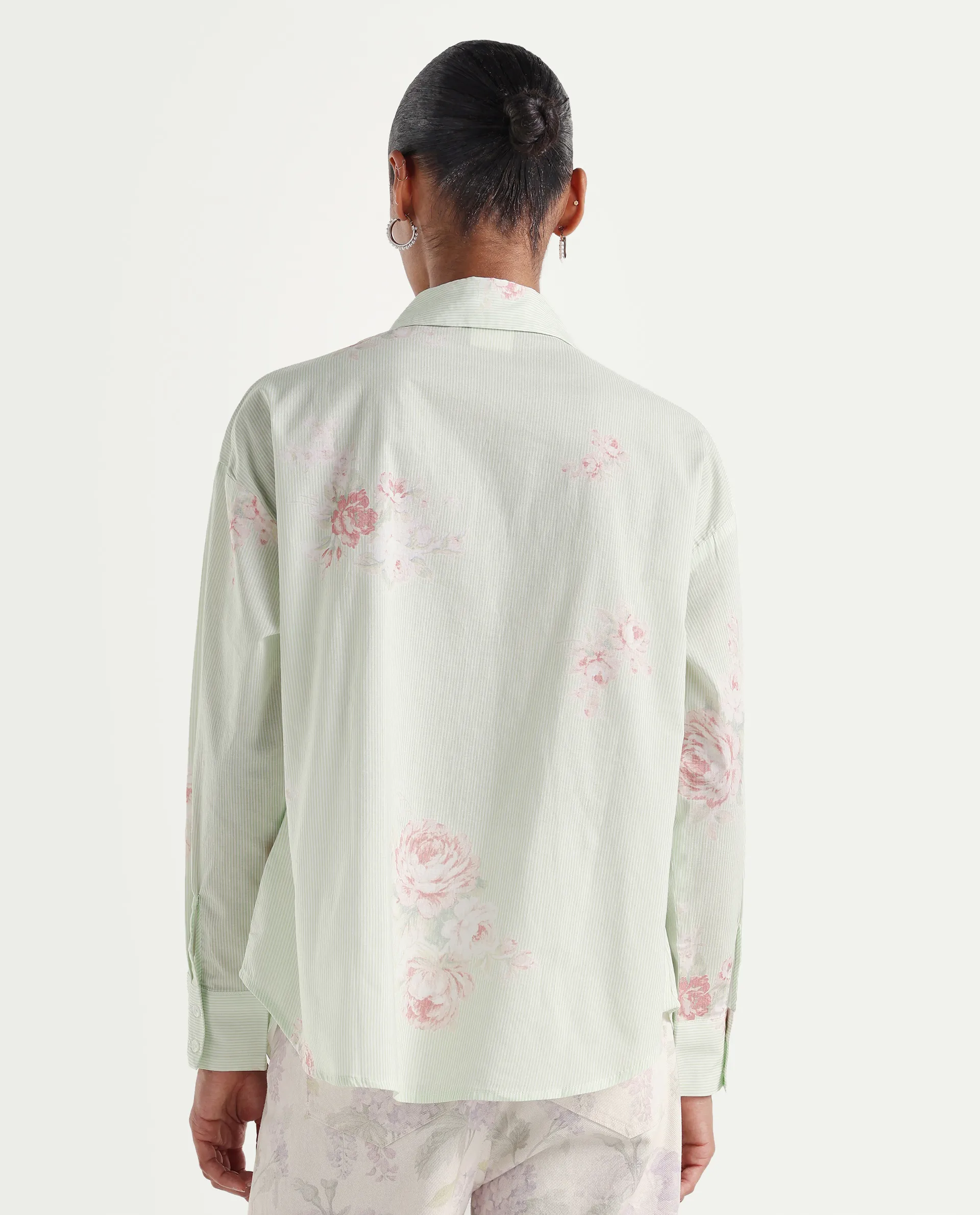 Rareism Women's Horu Light Green Cotton Full Sleeve Spread Collar Button Oversized Floral Print Shirt Oversize - Image 7