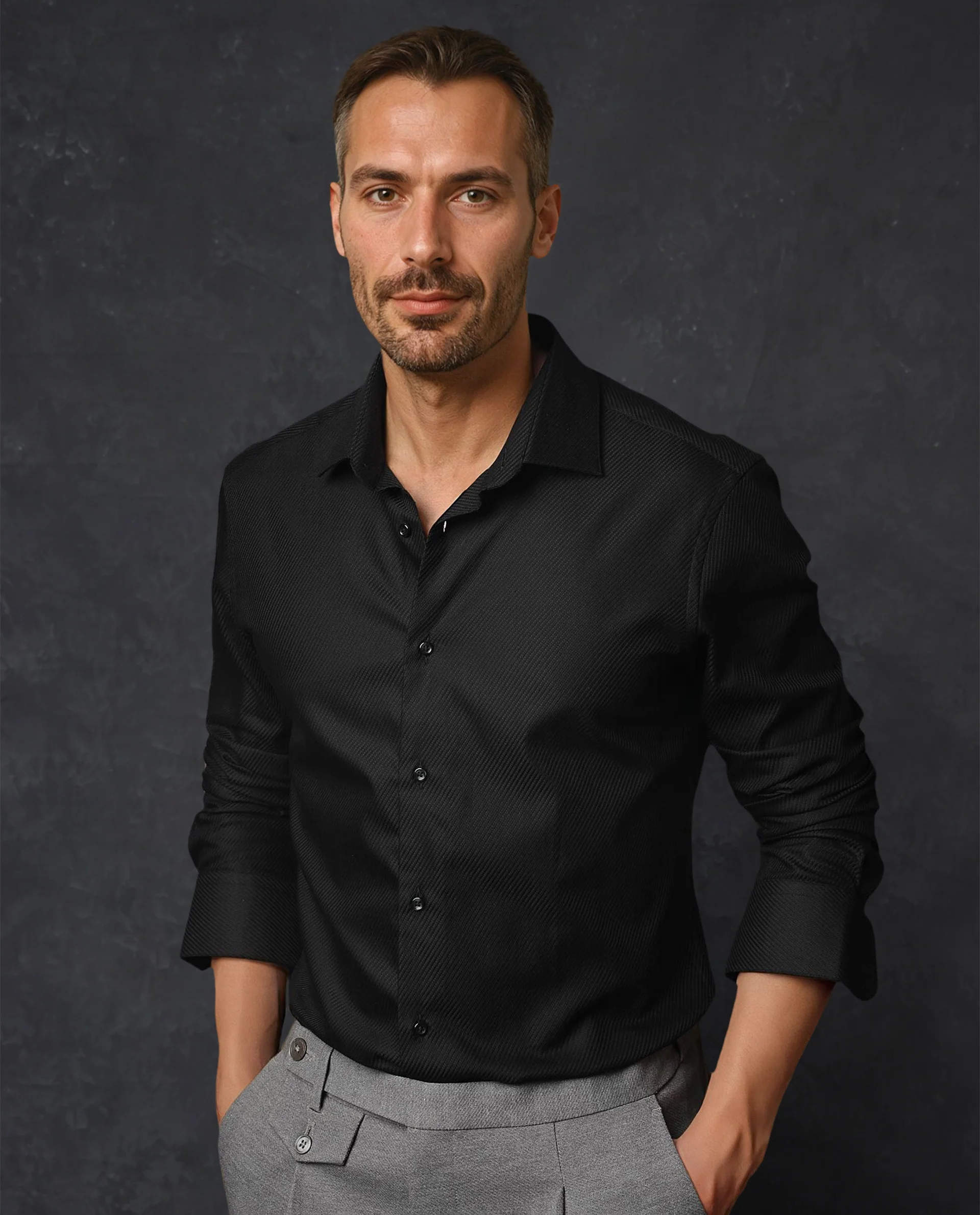 Rare Rabbit Men's Hosa Black Cotton Plain Regular Fit Full Sleeve Spread Collar Shirt