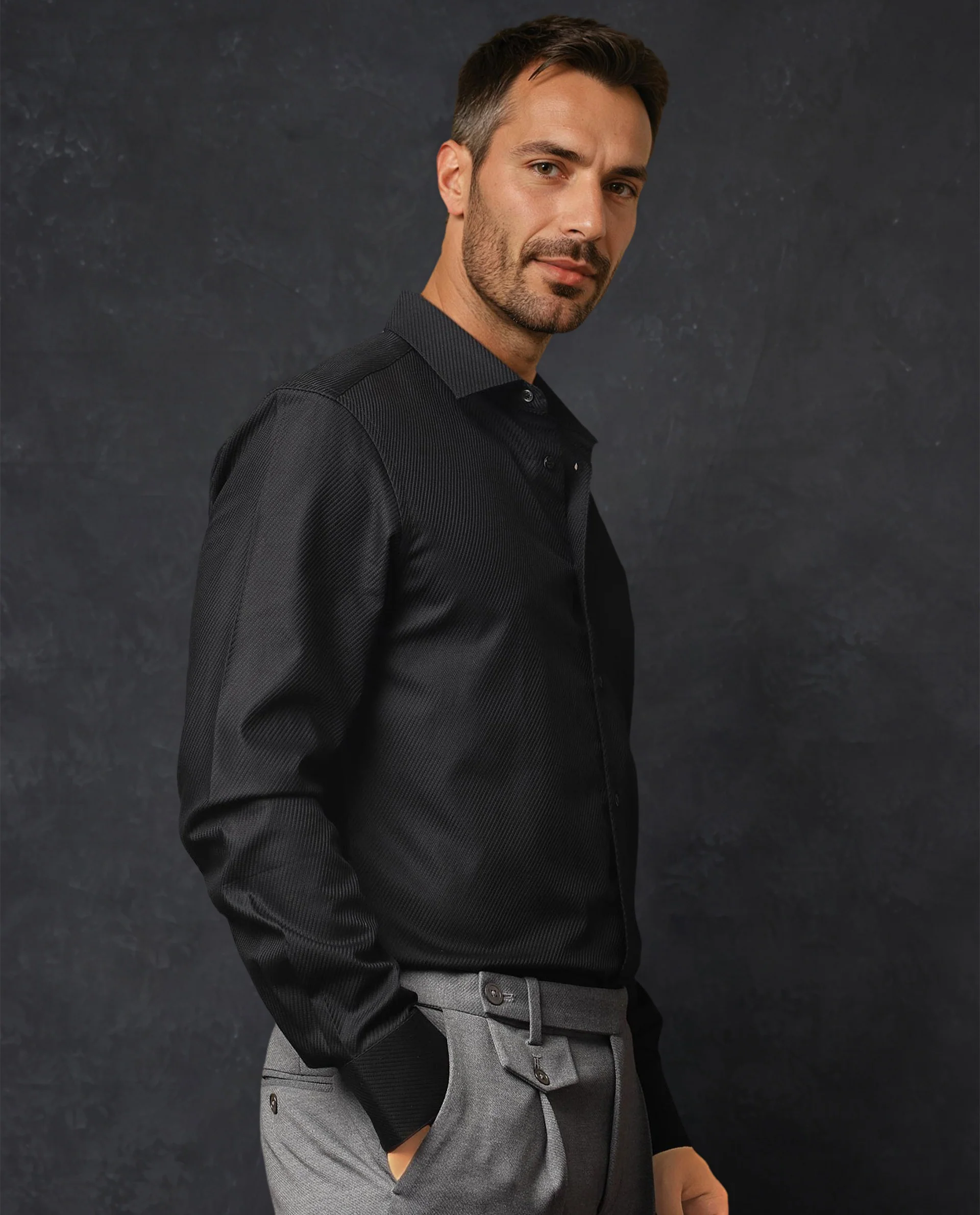 Rare Rabbit Men's Hosa Black Cotton Plain Regular Fit Full Sleeve Spread Collar Shirt - Image 3