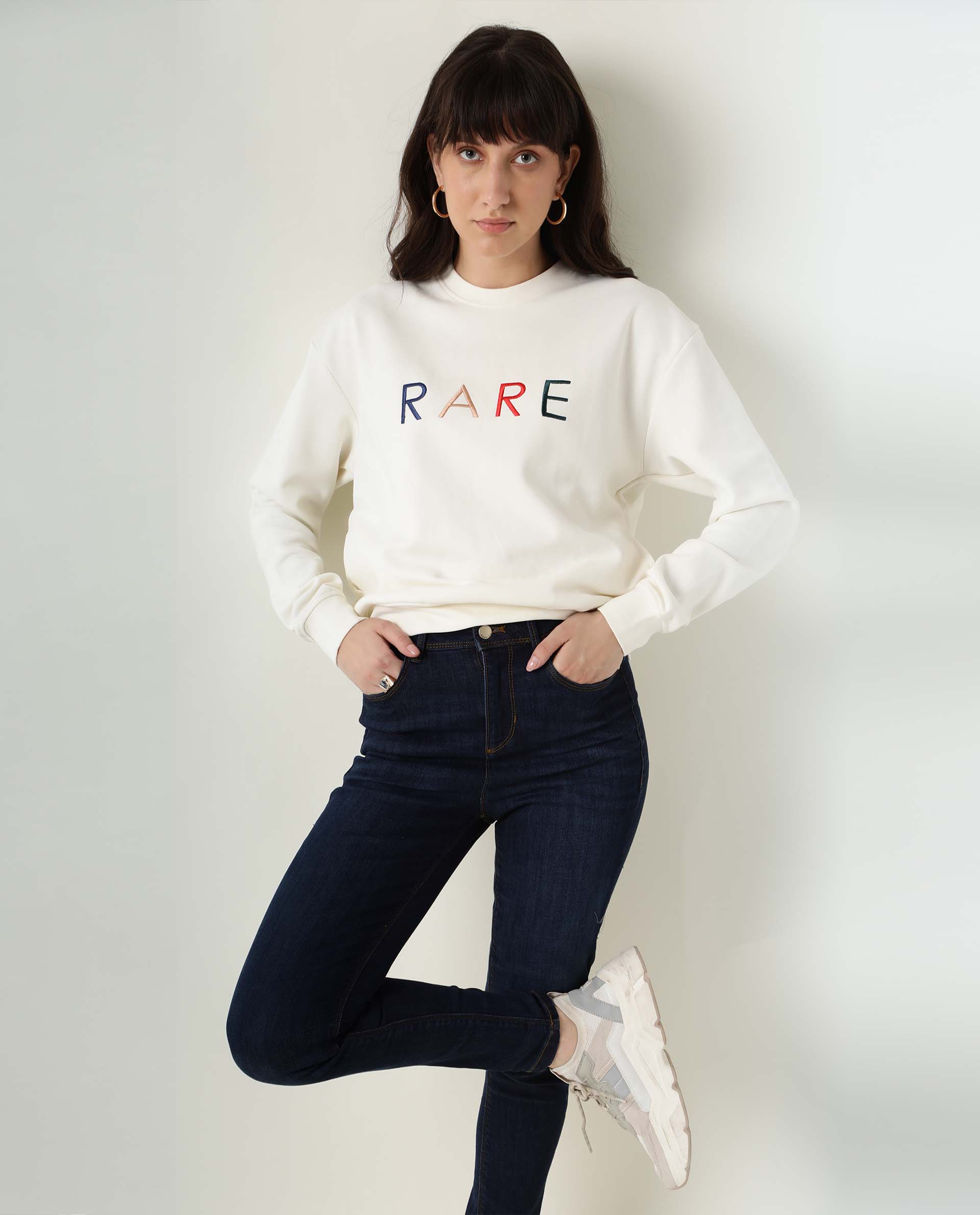 Rareism Women's Host Offwhite Cotton Blend Crew Neck Plain Relaxed Fit Sweatshirt - Image 11