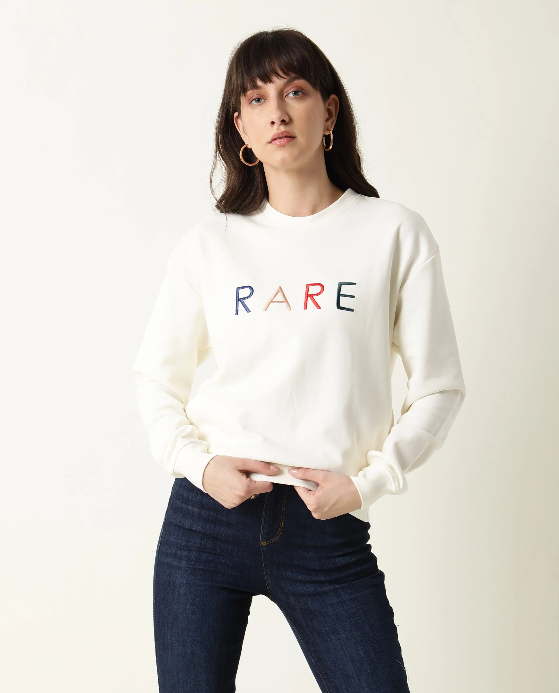 Rareism Women's Host Offwhite Cotton Blend Crew Neck Plain Relaxed Fit Sweatshirt - Image 3