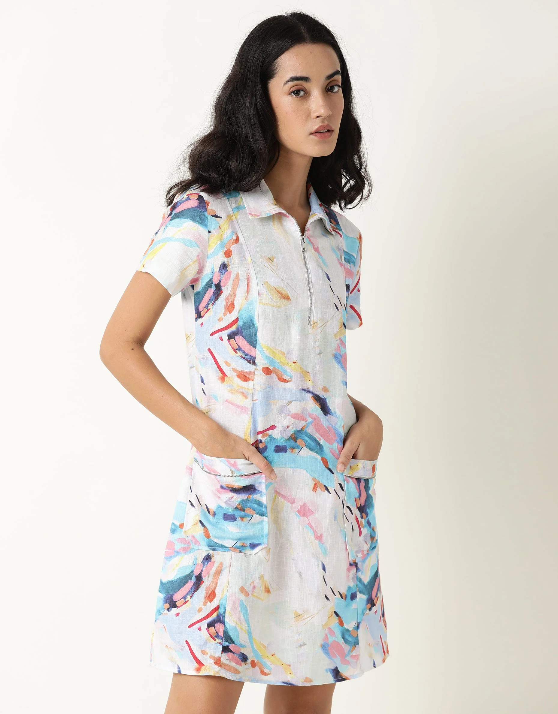 Rareism Womens Host Blue Dress Cotton Linen Fabric Regular Fit Puff Sleeves Collared Neck - Image 5