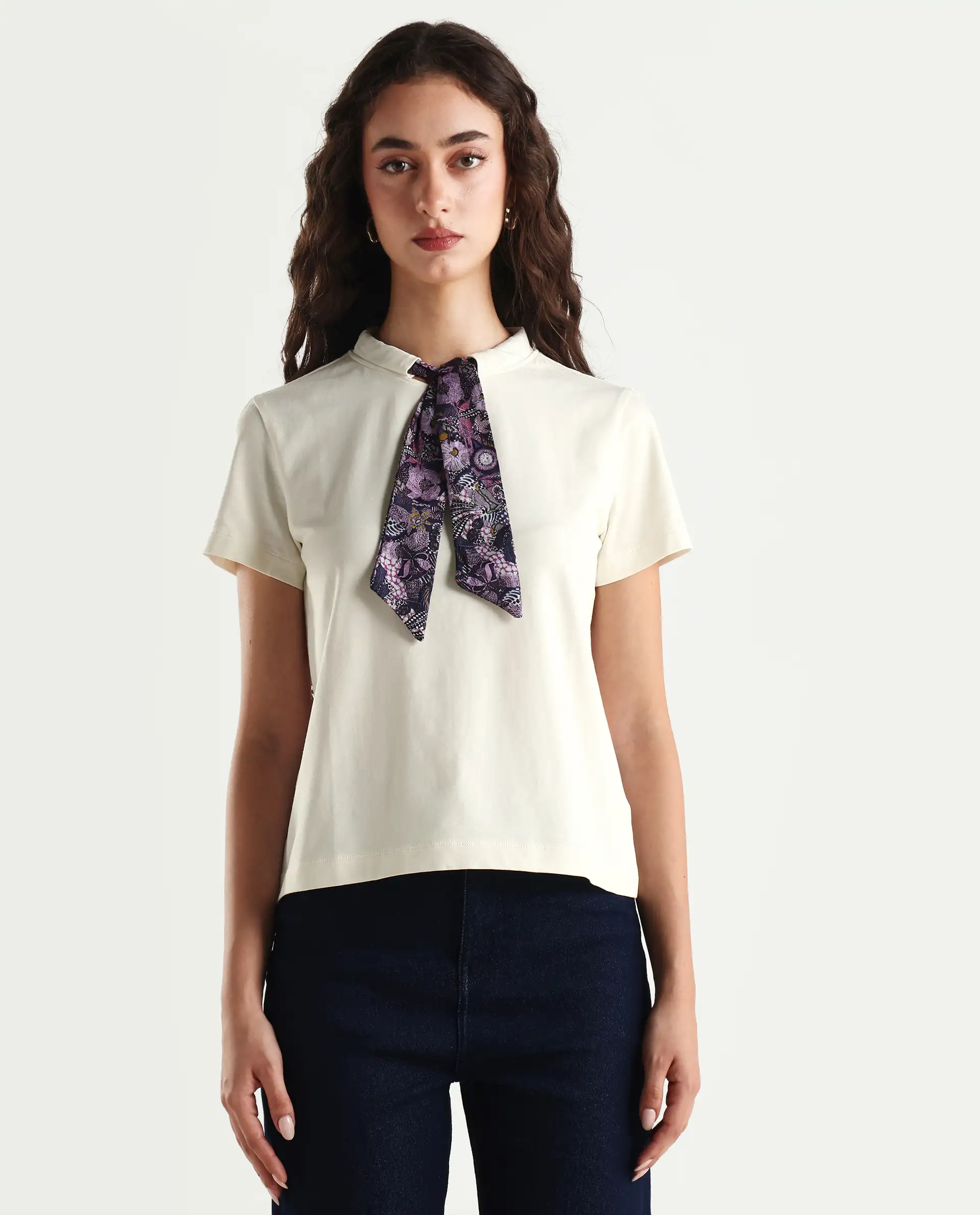 Rareism Women's Hosta Off White Cotton Blend Crew Neck Graphic Print Regular Fit T-Shirt - Image 3