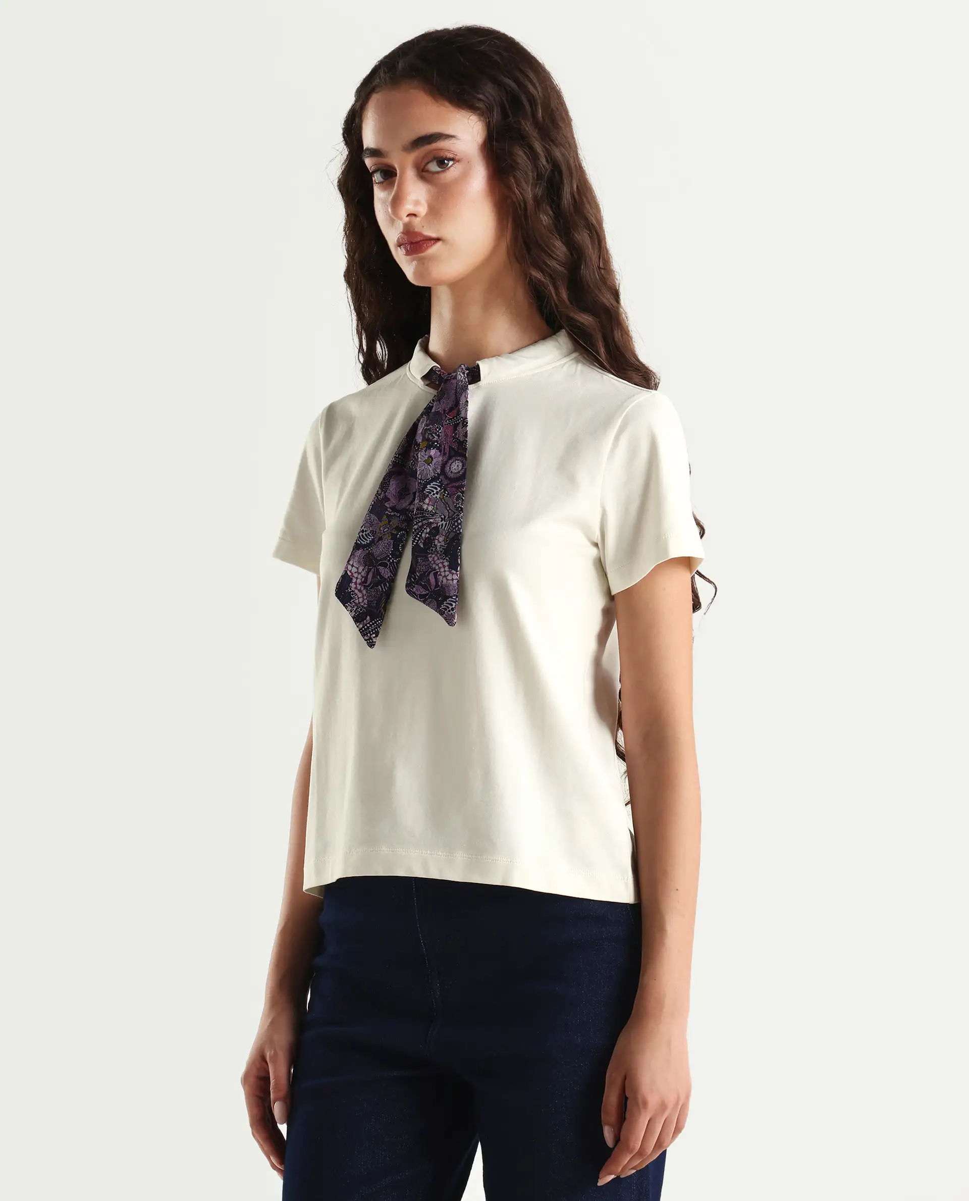 Rareism Women's Hosta Off White Cotton Blend Crew Neck Graphic Print Regular Fit T-Shirt - Image 5