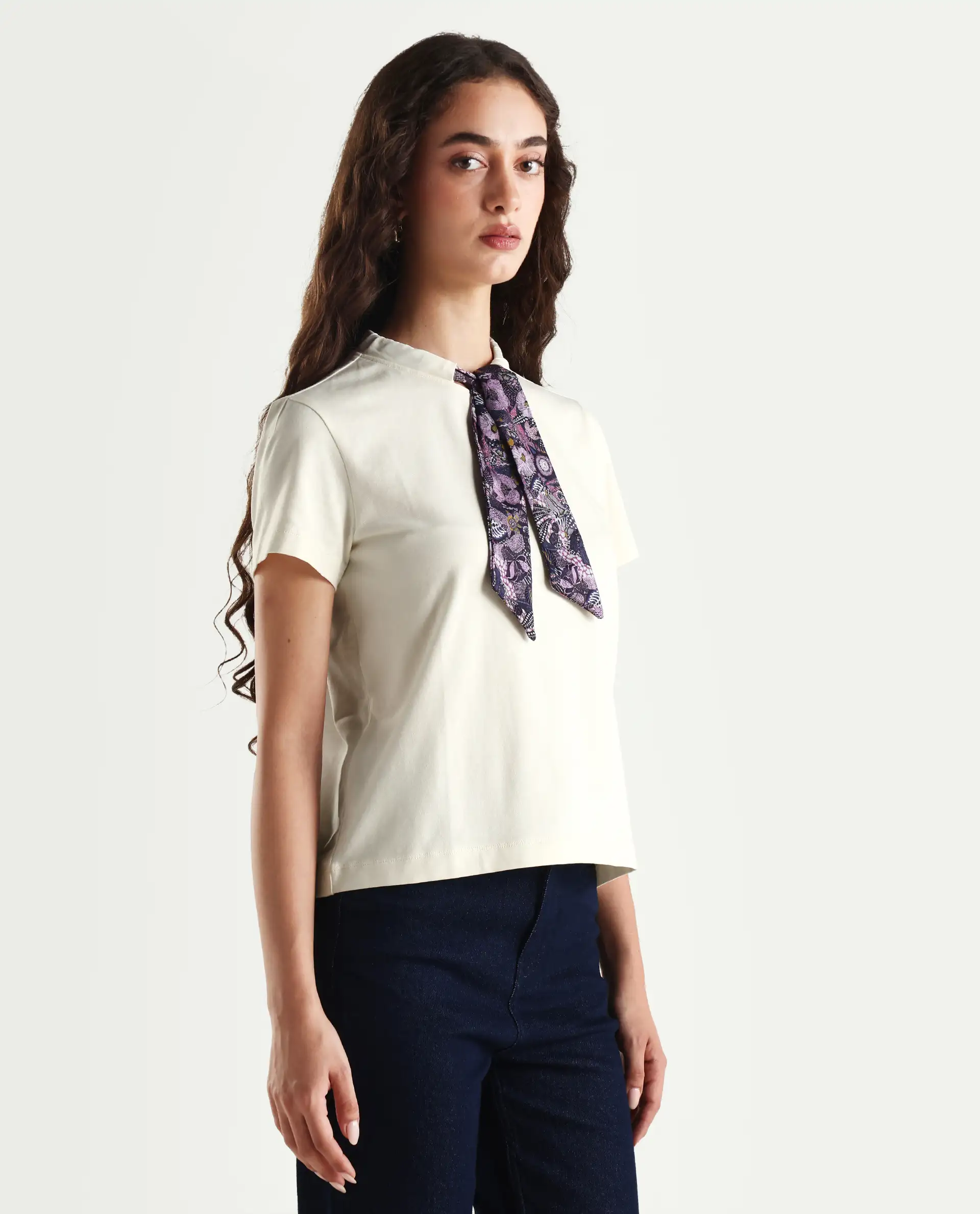 Rareism Women's Hosta Off White Cotton Blend Crew Neck Graphic Print Regular Fit T-Shirt - Image 6