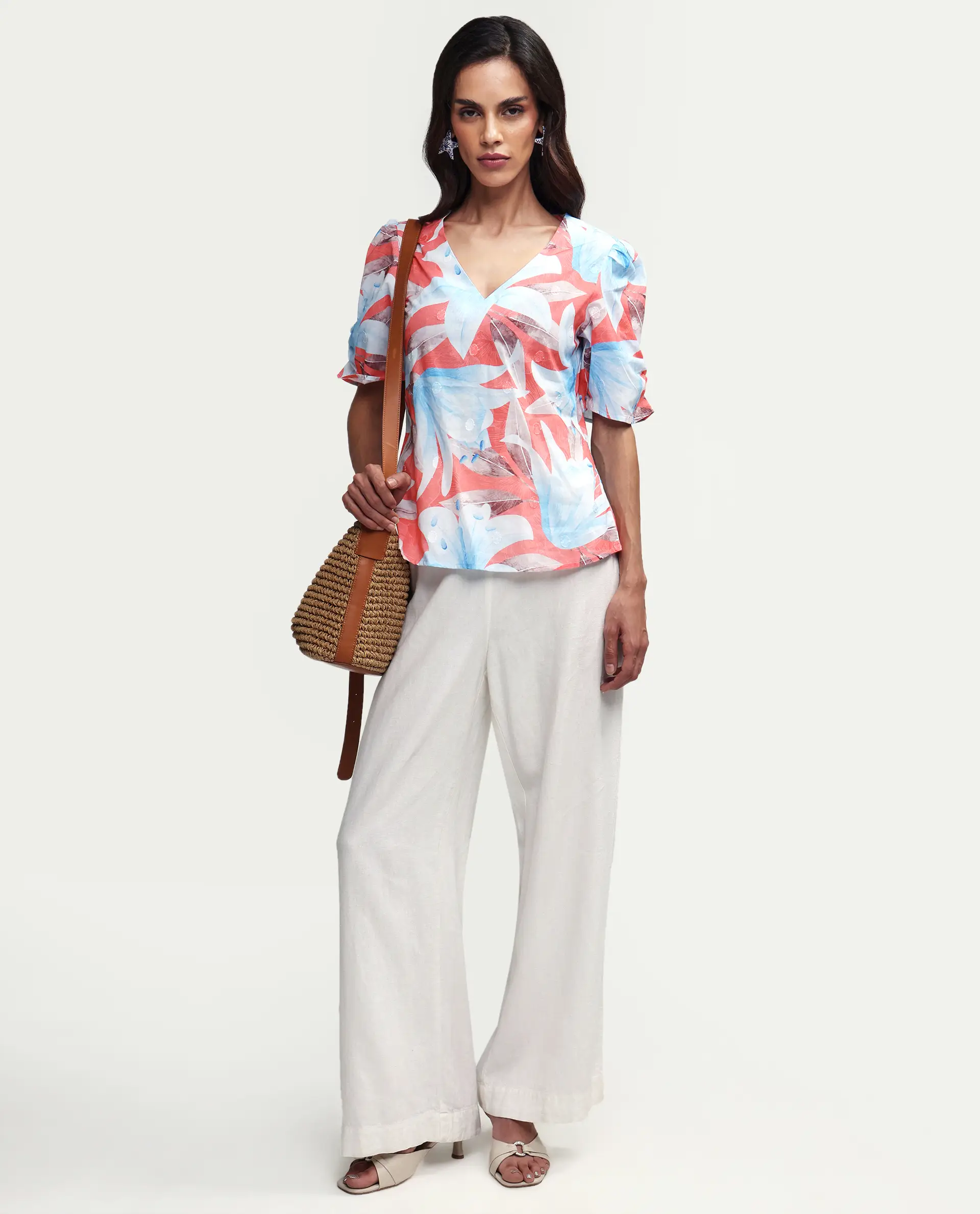 Rareism Women's Housto-T Pink Cotton V-Neck Floral Print Puff Sleeves Regular Fit Top - Image 2