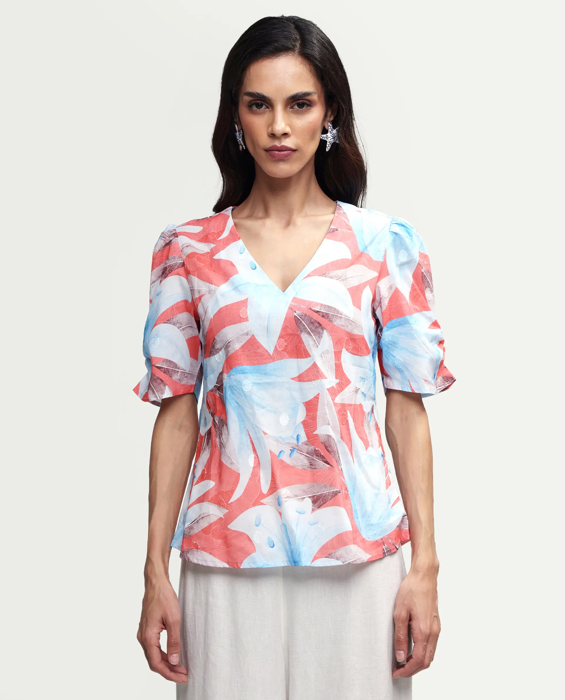 Rareism Women's Housto-T Pink Cotton V-Neck Floral Print Puff Sleeves Regular Fit Top - Image 3