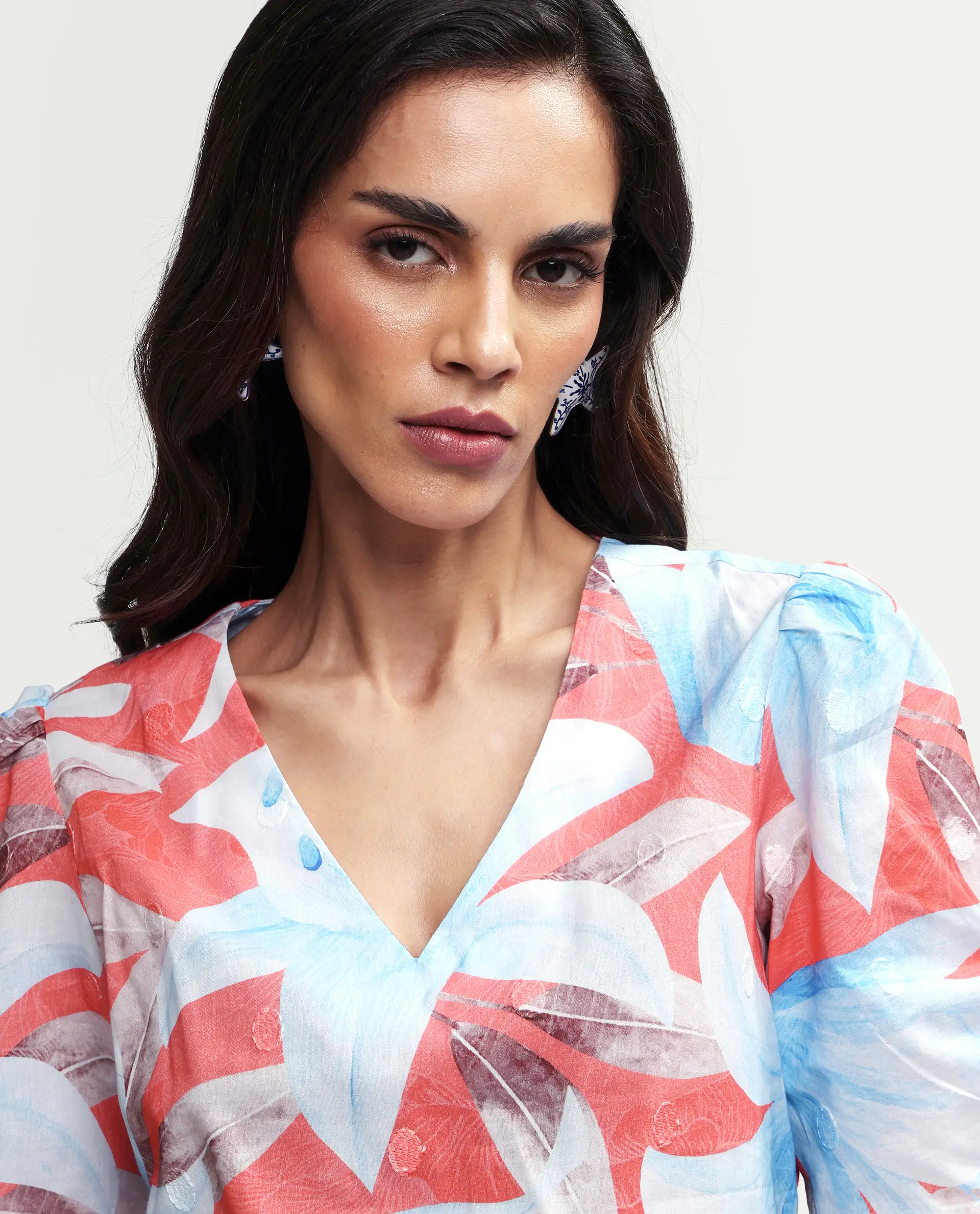 Rareism Women's Housto-T Pink Cotton V-Neck Floral Print Puff Sleeves Regular Fit Top - Image 4