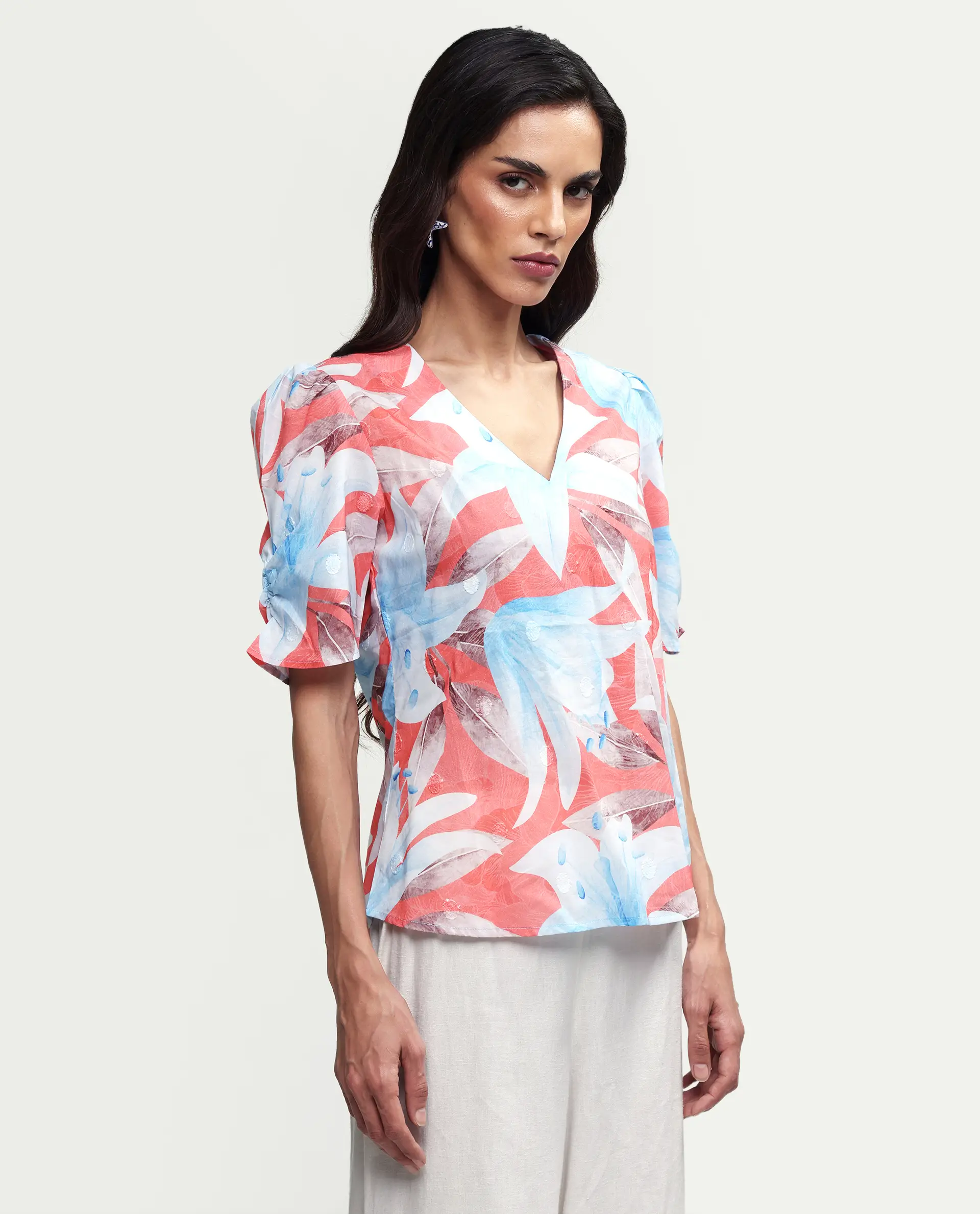 Rareism Women's Housto-T Pink Cotton V-Neck Floral Print Puff Sleeves Regular Fit Top - Image 5