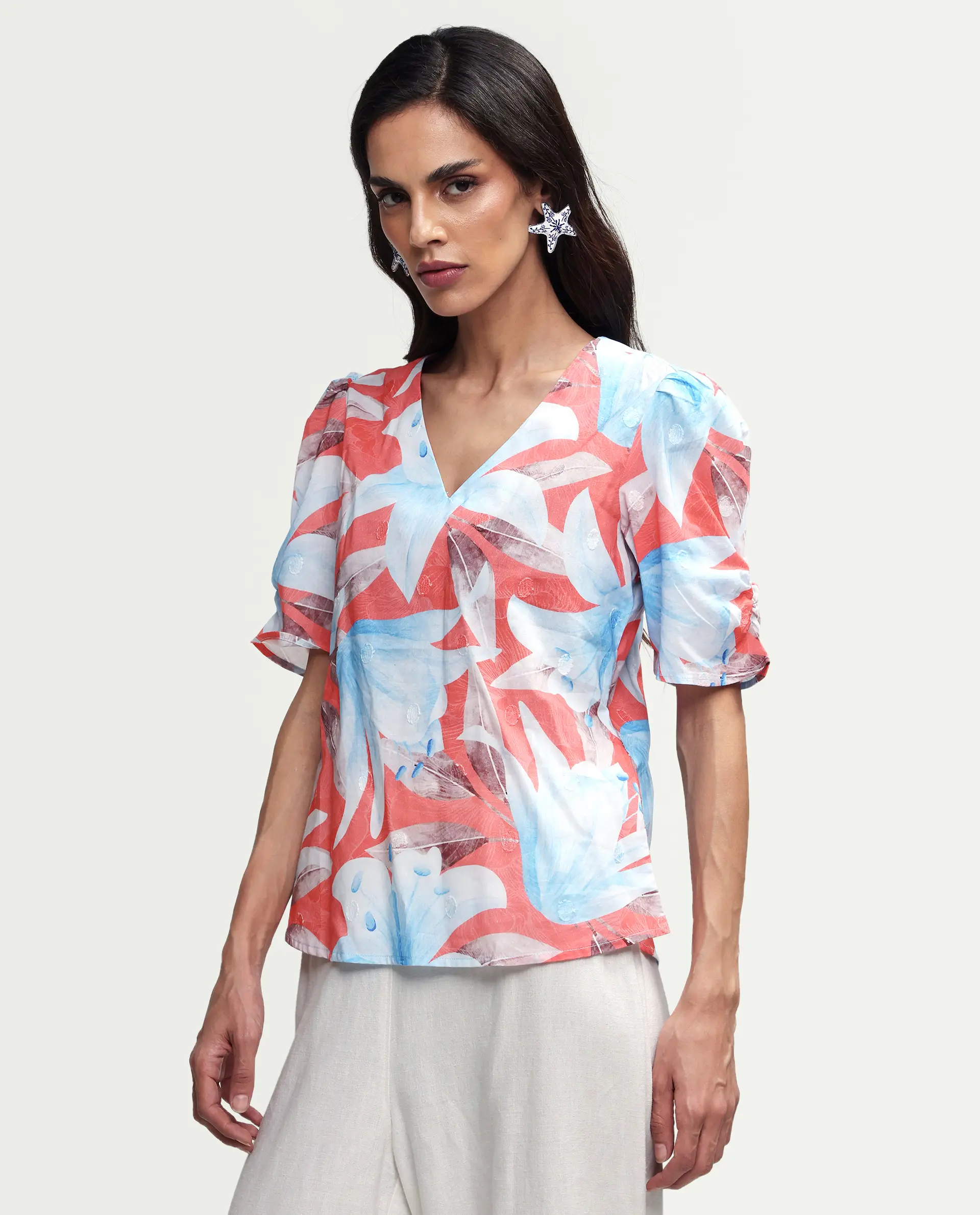 Rareism Women's Housto-T Pink Cotton V-Neck Floral Print Puff Sleeves Regular Fit Top - Image 6