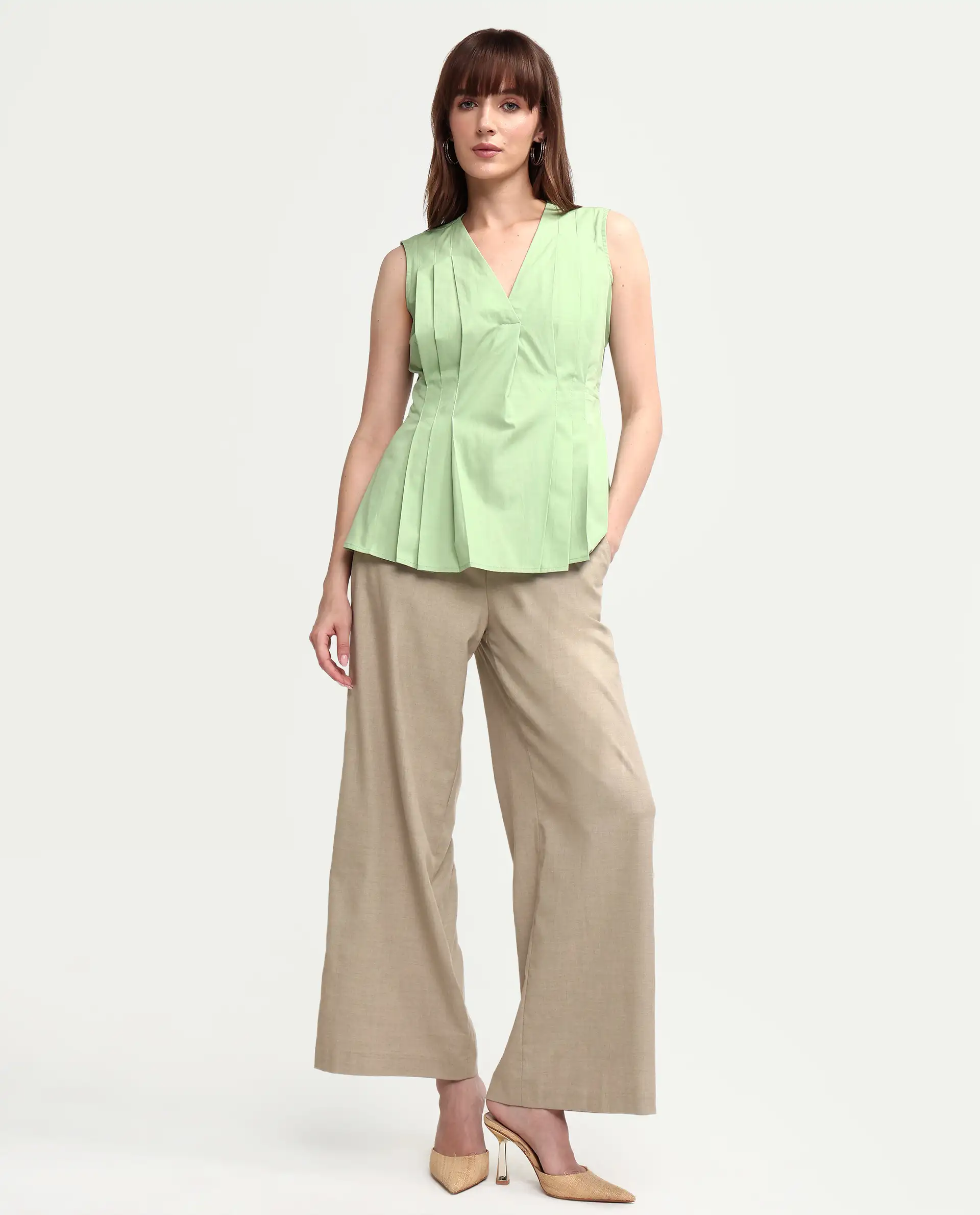 Rareism Women's Houx Light Green Cotton Sleeveless V-Neck Regular Fit Plain Top - Image 2