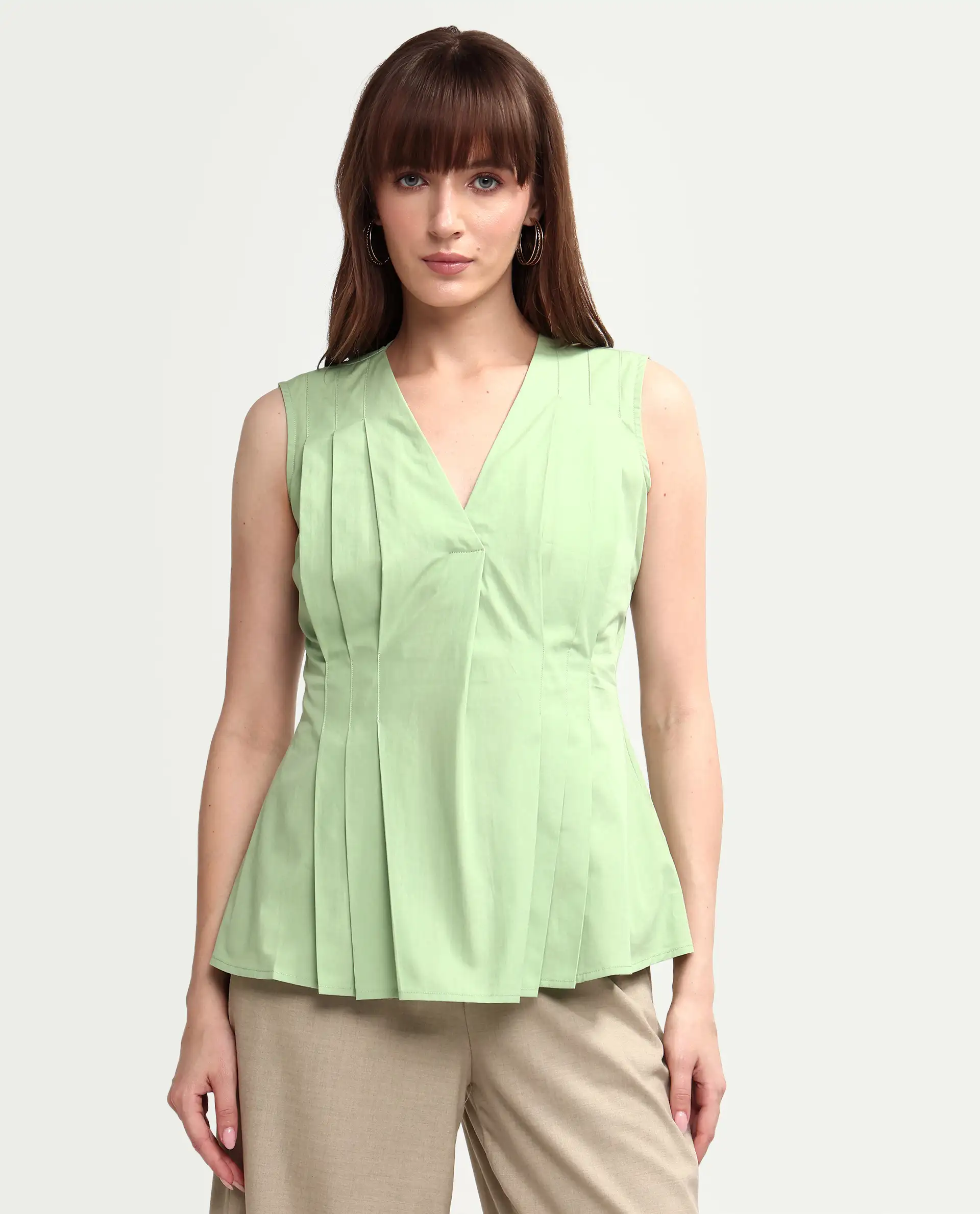 Rareism Women's Houx Light Green Cotton Sleeveless V-Neck Regular Fit Plain Top - Image 3