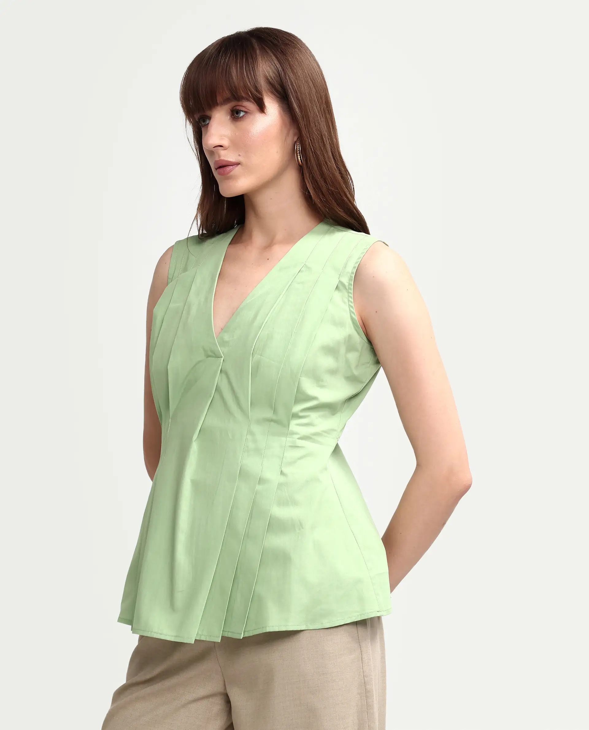 Rareism Women's Houx Light Green Cotton Sleeveless V-Neck Regular Fit Plain Top - Image 5