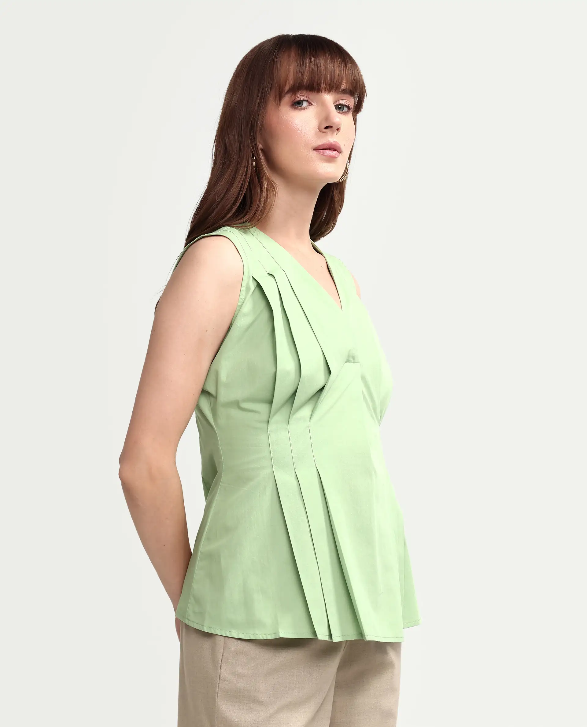 Rareism Women's Houx Light Green Cotton Sleeveless V-Neck Regular Fit Plain Top - Image 6