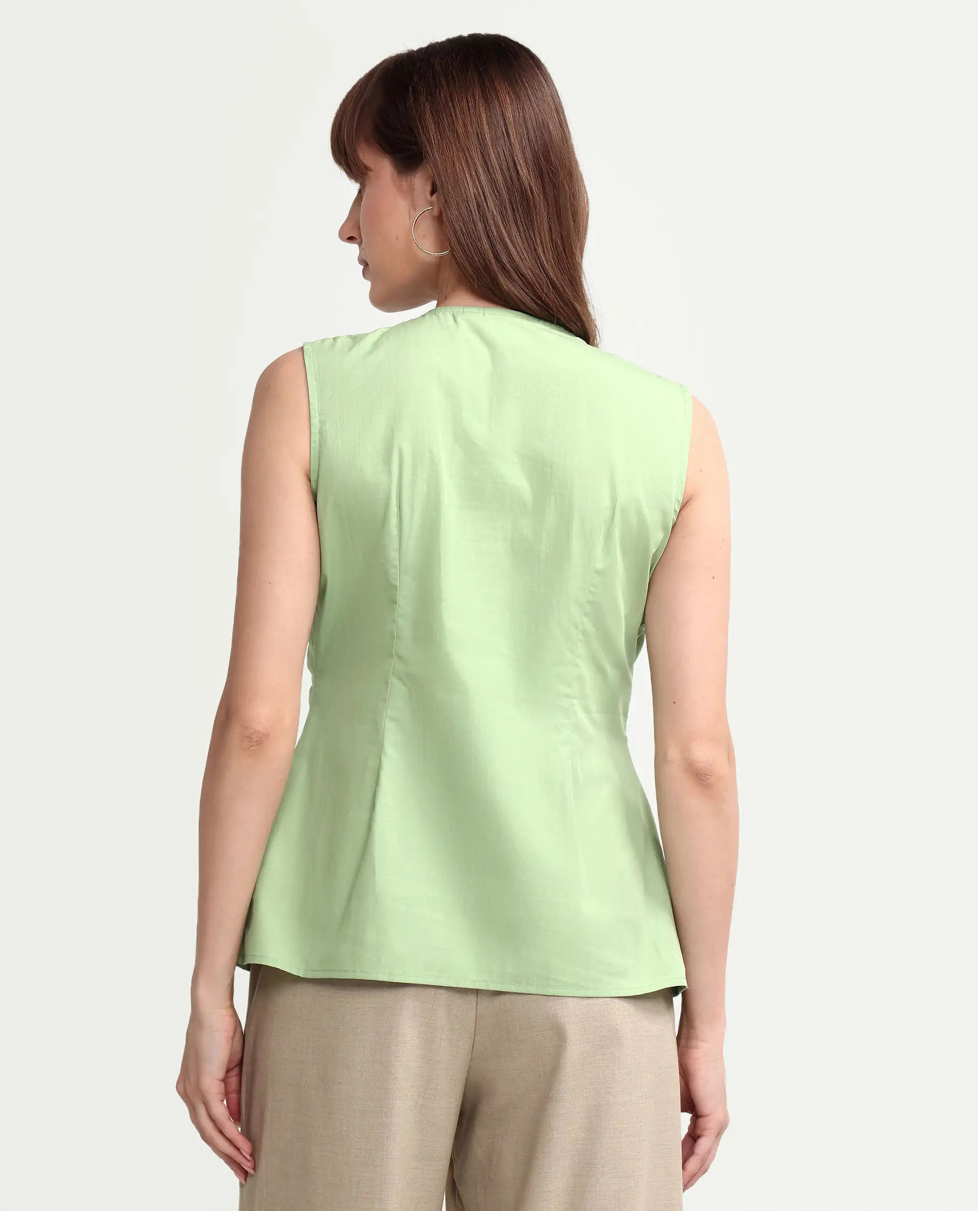 Rareism Women's Houx Light Green Cotton Sleeveless V-Neck Regular Fit Plain Top - Image 7