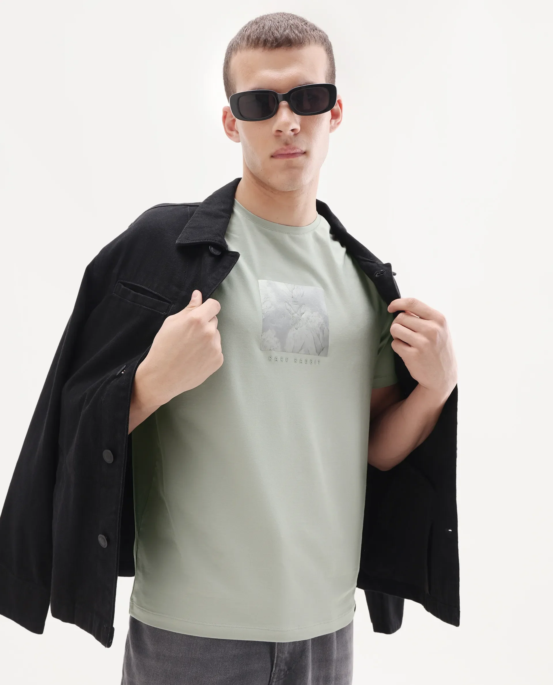 Rare Rabbit Men's Howe Dusky Green Cotton Blend Fabric Half Sleeve Crew Neck Graphic Print T-Shirt