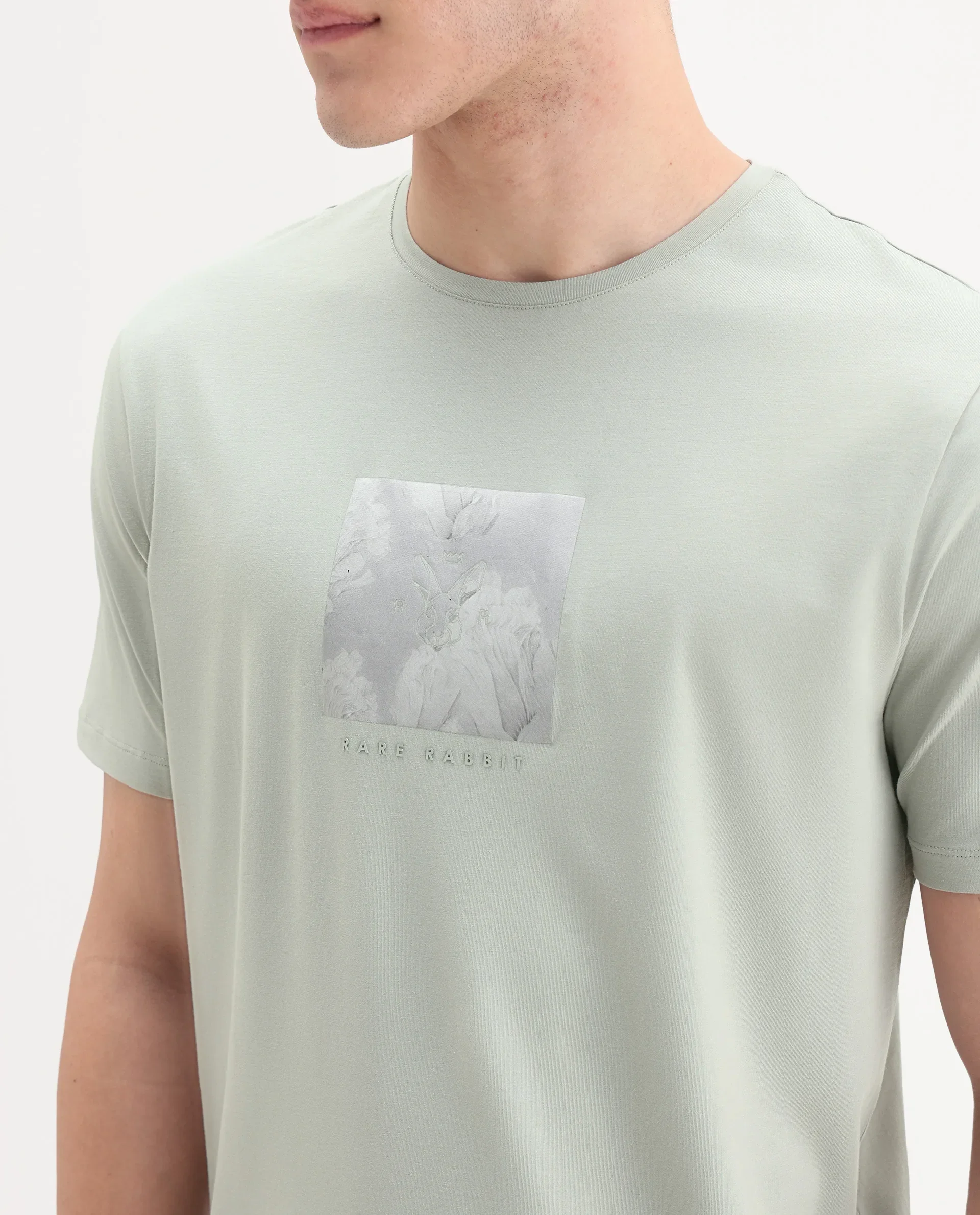 Rare Rabbit Men's Howe Dusky Green Cotton Blend Fabric Half Sleeve Crew Neck Graphic Print T-Shirt - Image 3