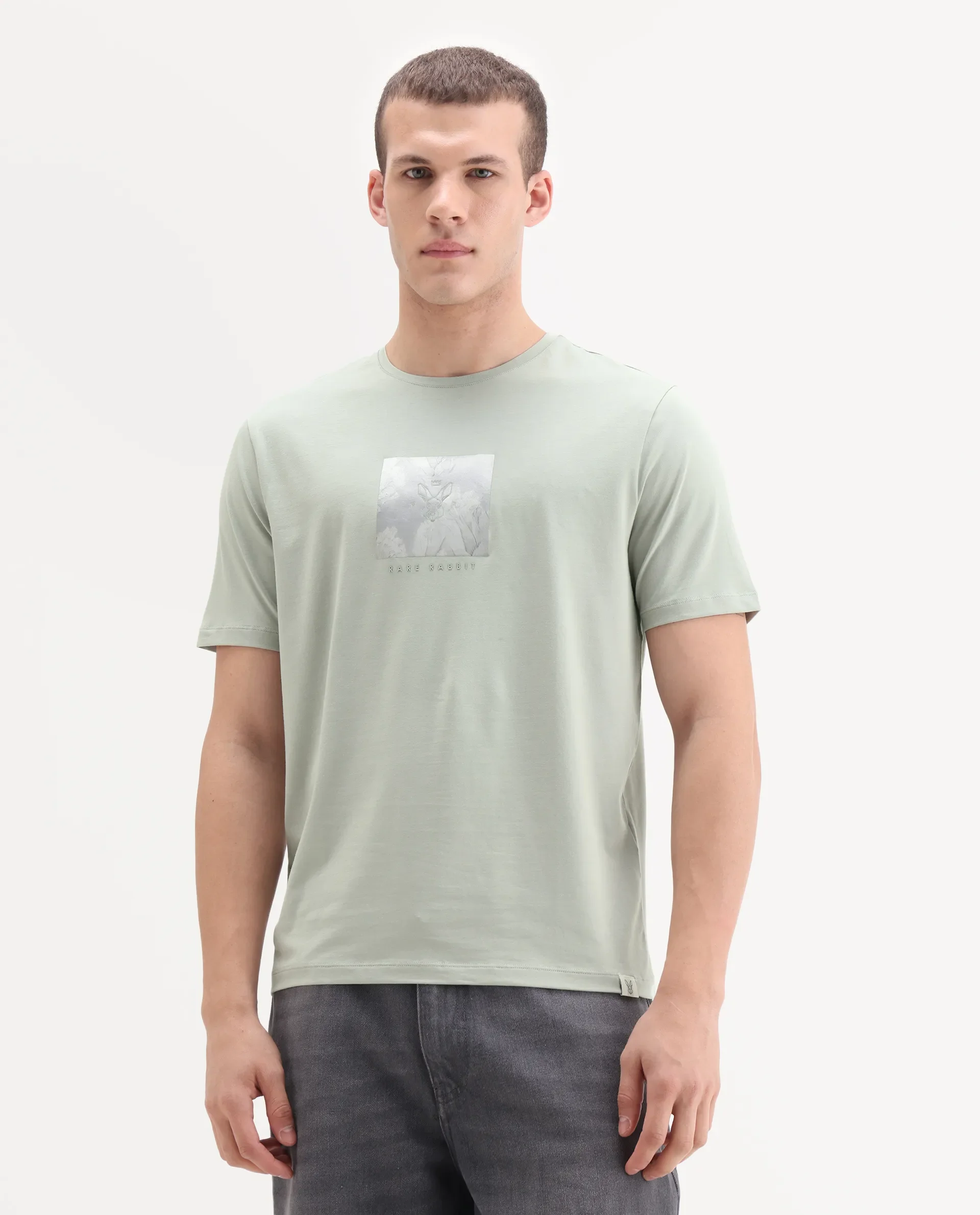 Rare Rabbit Men's Howe Dusky Green Cotton Blend Fabric Half Sleeve Crew Neck Graphic Print T-Shirt - Image 4