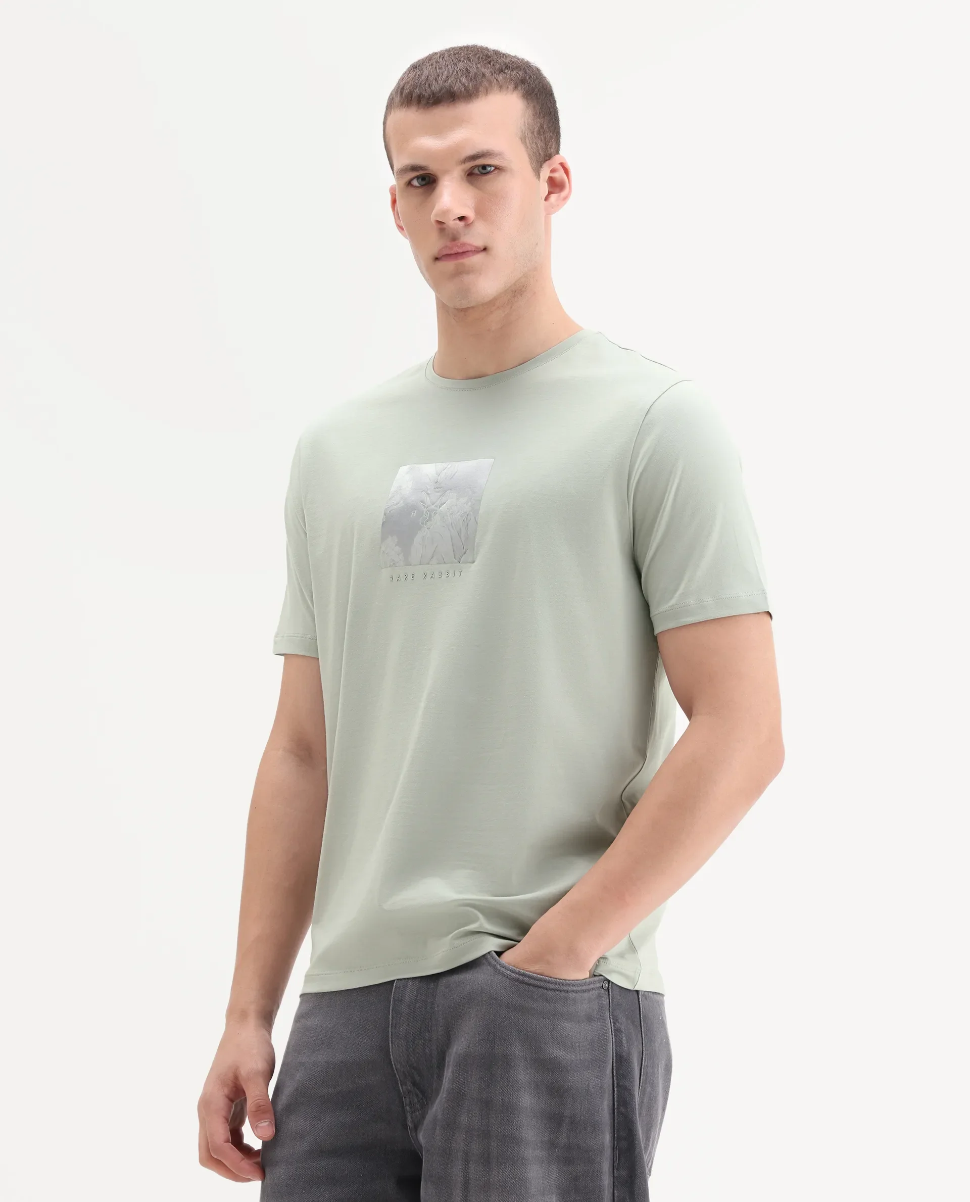 Rare Rabbit Men's Howe Dusky Green Cotton Blend Fabric Half Sleeve Crew Neck Graphic Print T-Shirt - Image 5