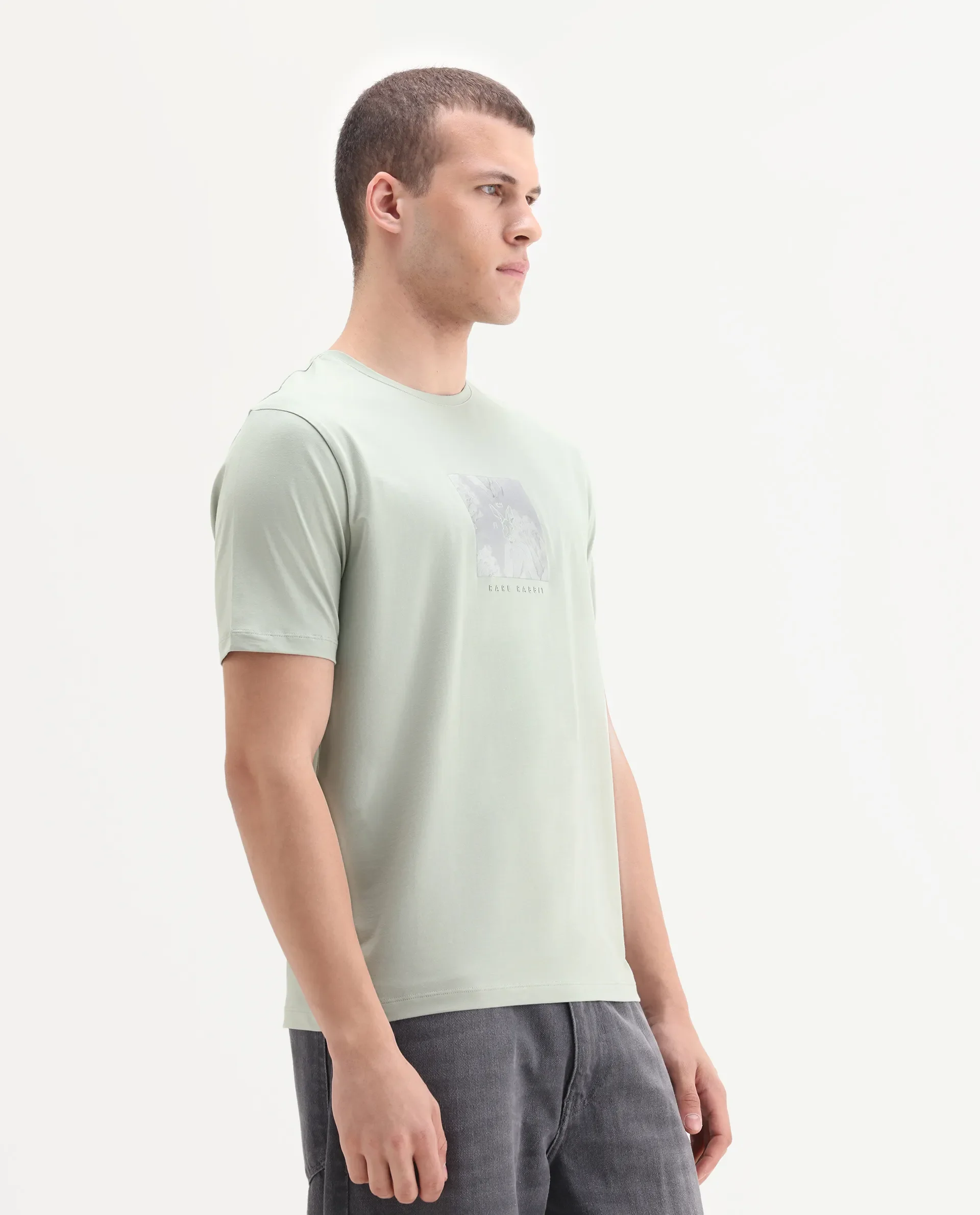 Rare Rabbit Men's Howe Dusky Green Cotton Blend Fabric Half Sleeve Crew Neck Graphic Print T-Shirt - Image 6