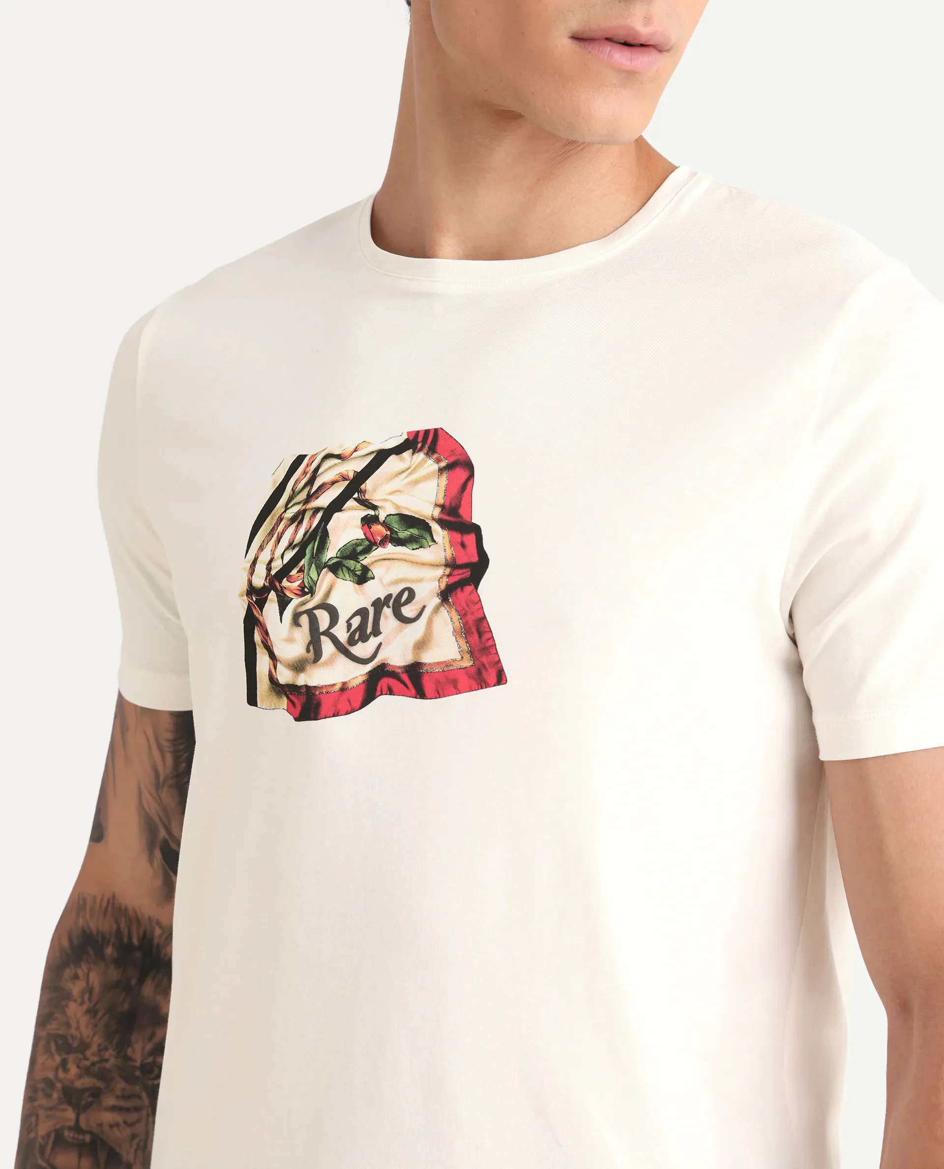 Rare Rabbit Men's Hoz Off White Cotton Blend Fabric Crew Neck Regular Fit Graphic Print T-Shirt - Image 3