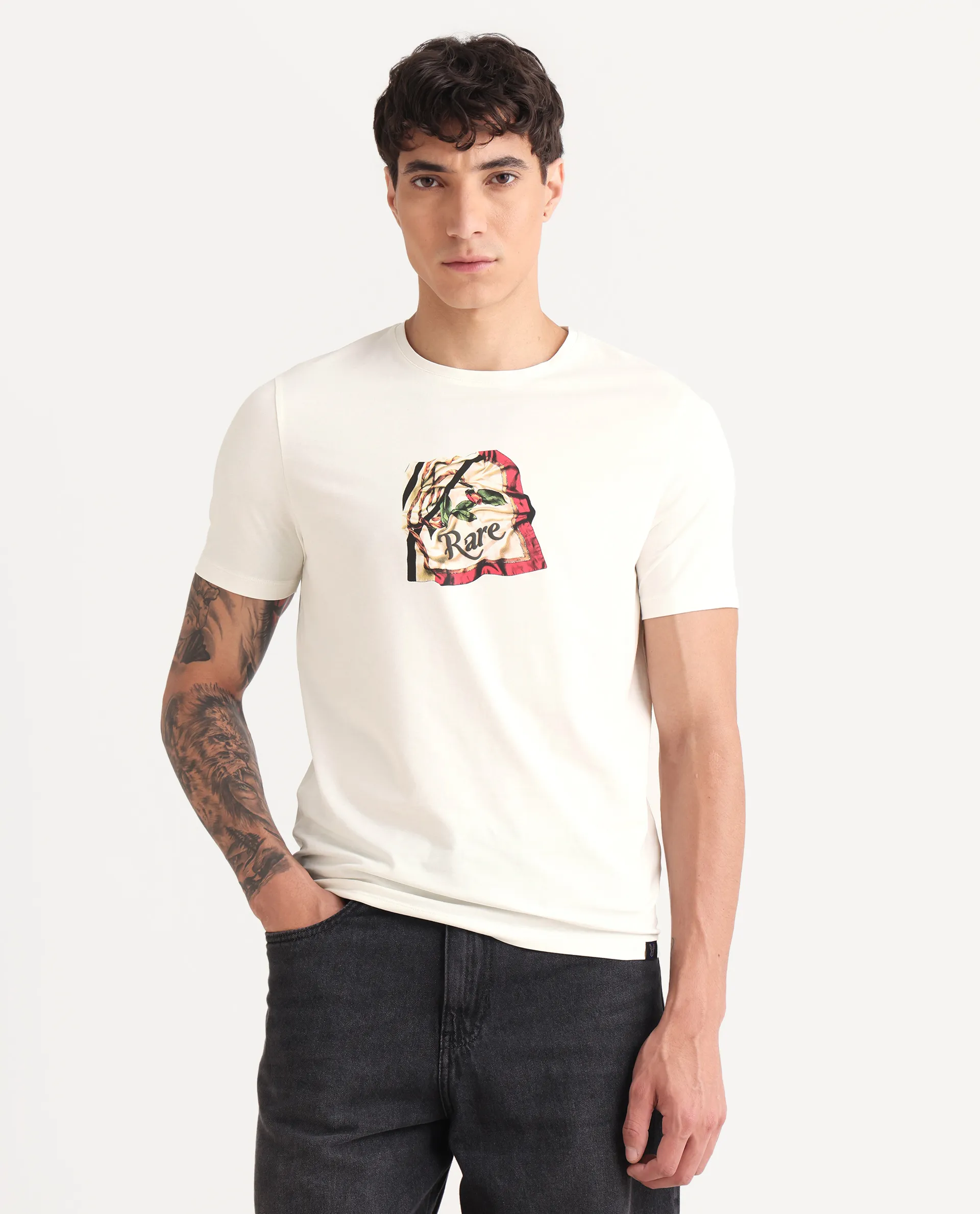 Rare Rabbit Men's Hoz Off White Cotton Blend Fabric Crew Neck Regular Fit Graphic Print T-Shirt - Image 4