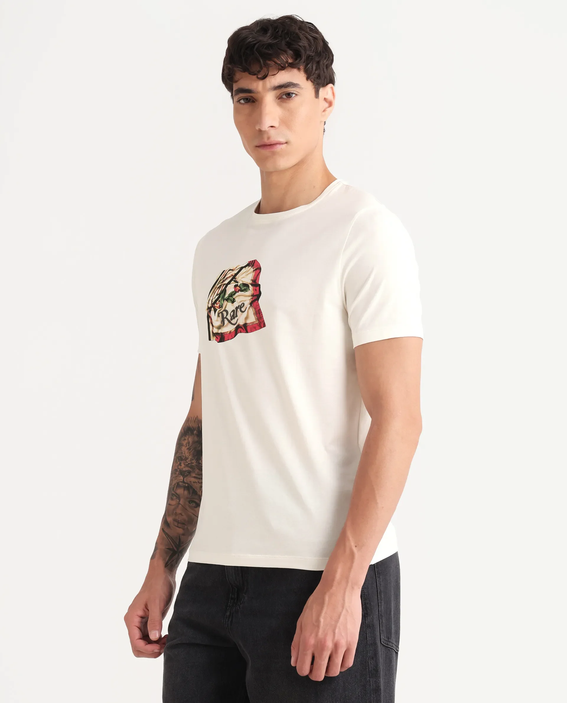 Rare Rabbit Men's Hoz Off White Cotton Blend Fabric Crew Neck Regular Fit Graphic Print T-Shirt - Image 5