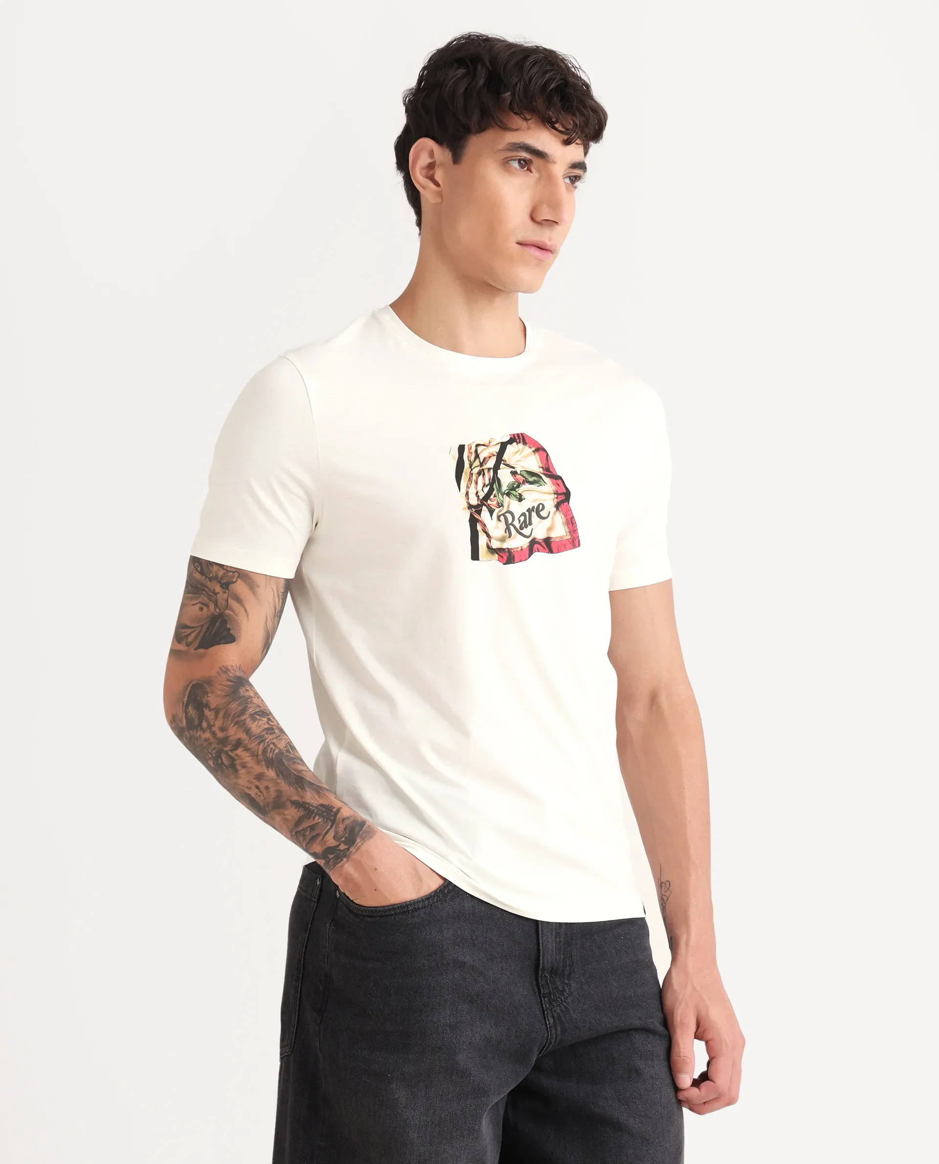 Rare Rabbit Men's Hoz Off White Cotton Blend Fabric Crew Neck Regular Fit Graphic Print T-Shirt - Image 6