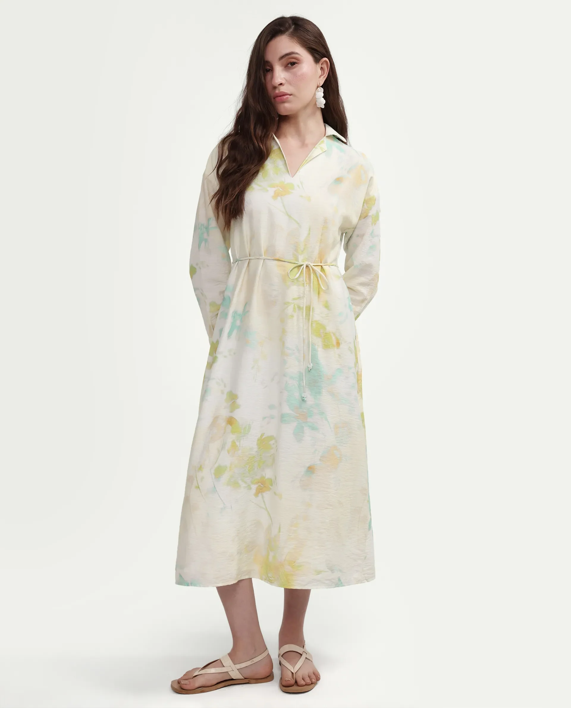 Rareism Women's Hrix Light Green Viscose Blend Lapel Neck A-Line All Over Print Dress - Image 3