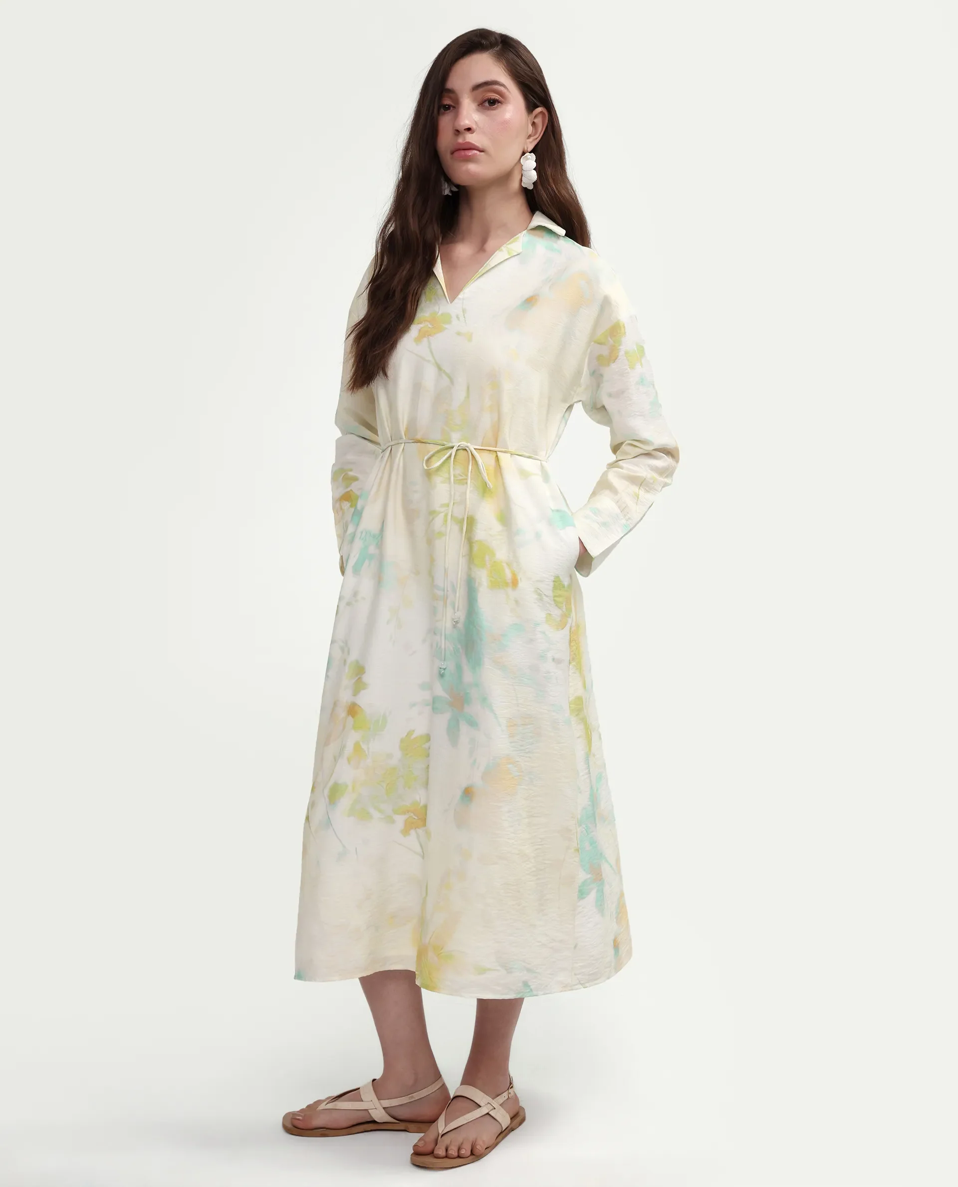 Rareism Women's Hrix Light Green Viscose Blend Lapel Neck A-Line All Over Print Dress - Image 5