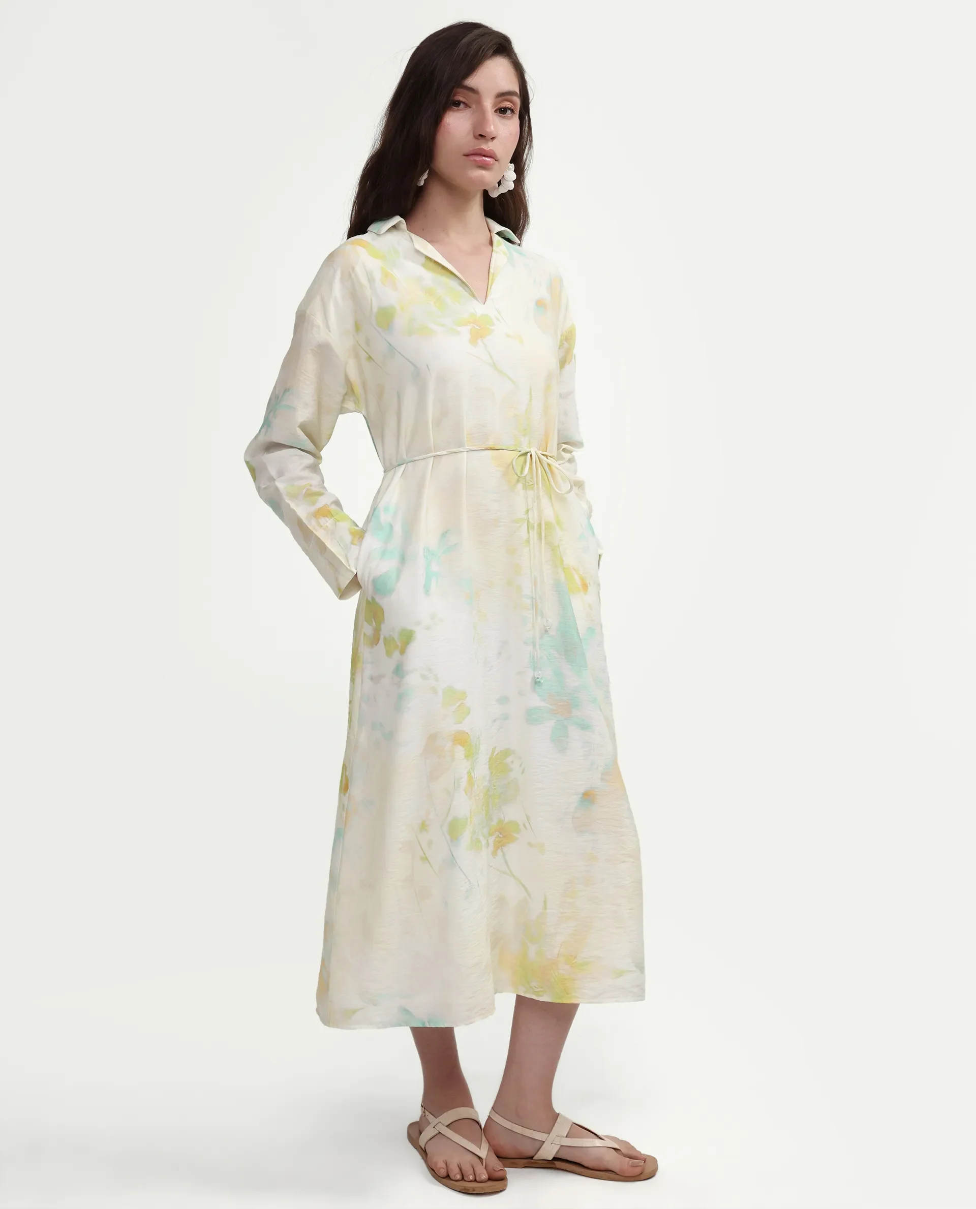 Rareism Women's Hrix Light Green Viscose Blend Lapel Neck A-Line All Over Print Dress - Image 6