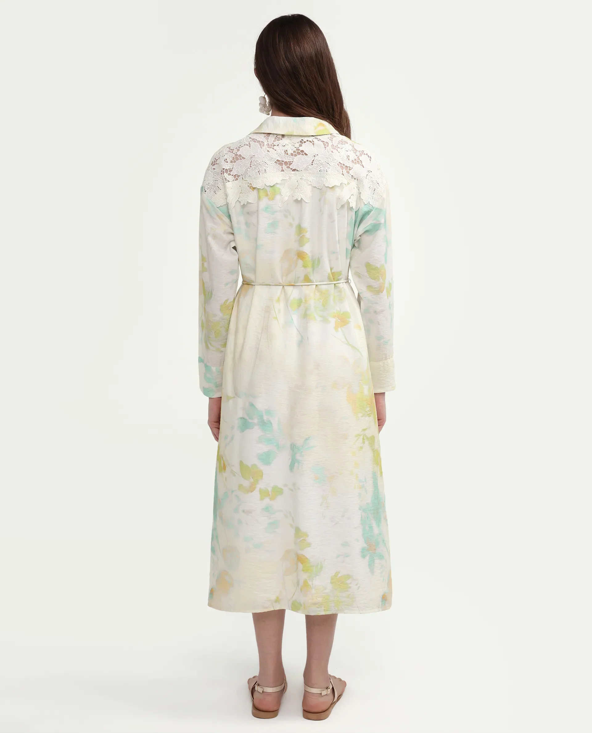 Rareism Women's Hrix Light Green Viscose Blend Lapel Neck A-Line All Over Print Dress - Image 7