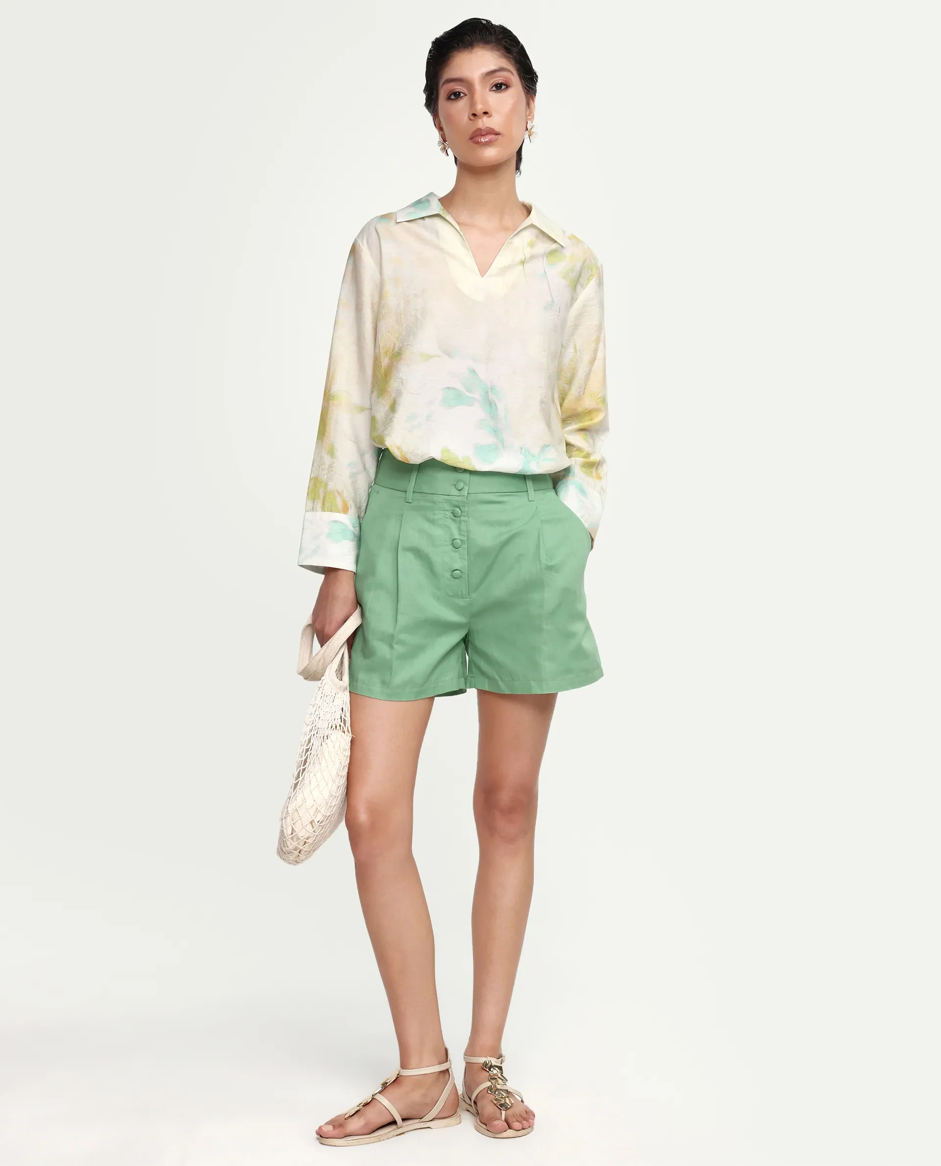 Rareism Women's Hrixo Light Green Viscose Blend Johnny Collar Relaxed All Over Print Top - Image 2