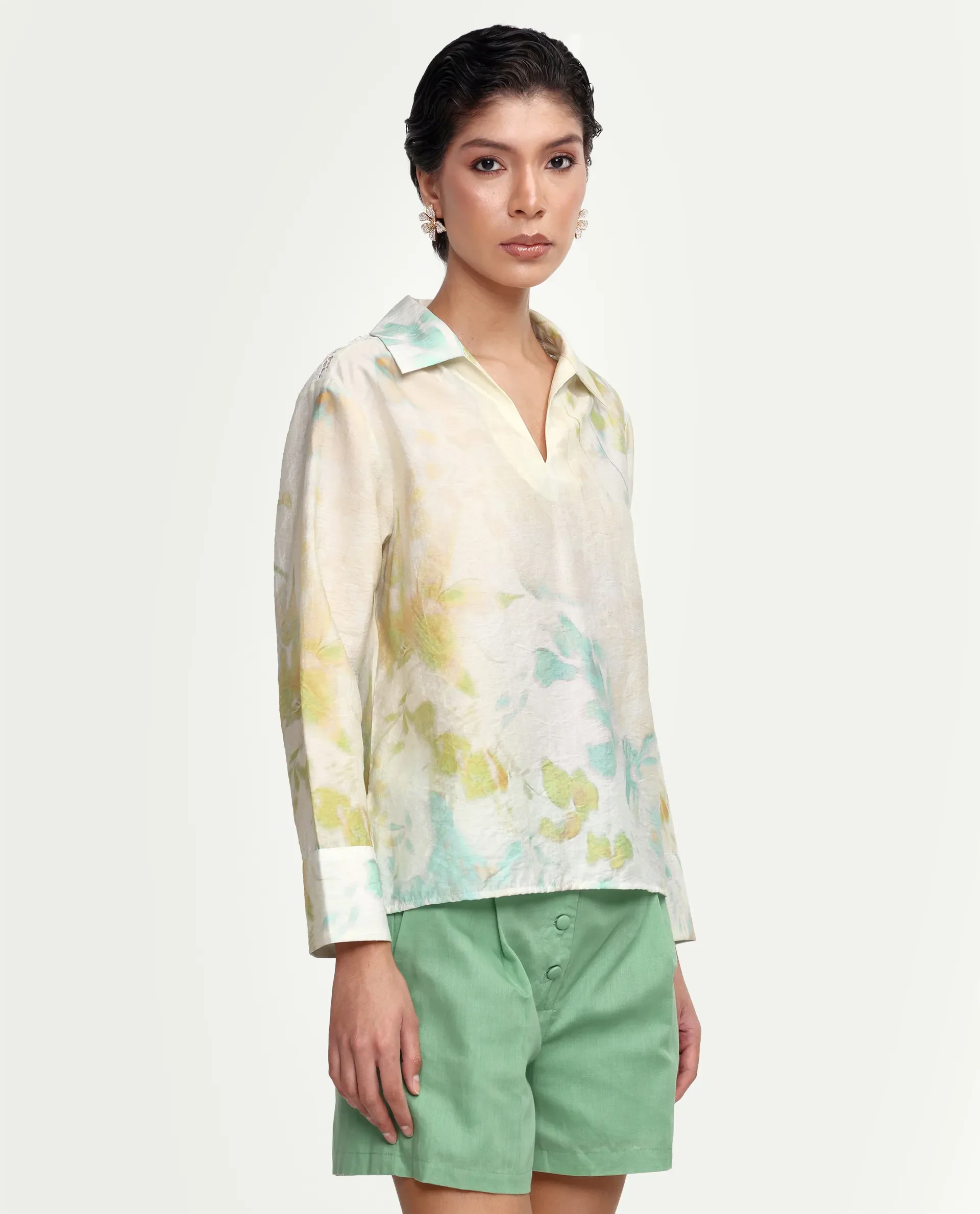 Rareism Women's Hrixo Light Green Viscose Blend Johnny Collar Relaxed All Over Print Top - Image 7