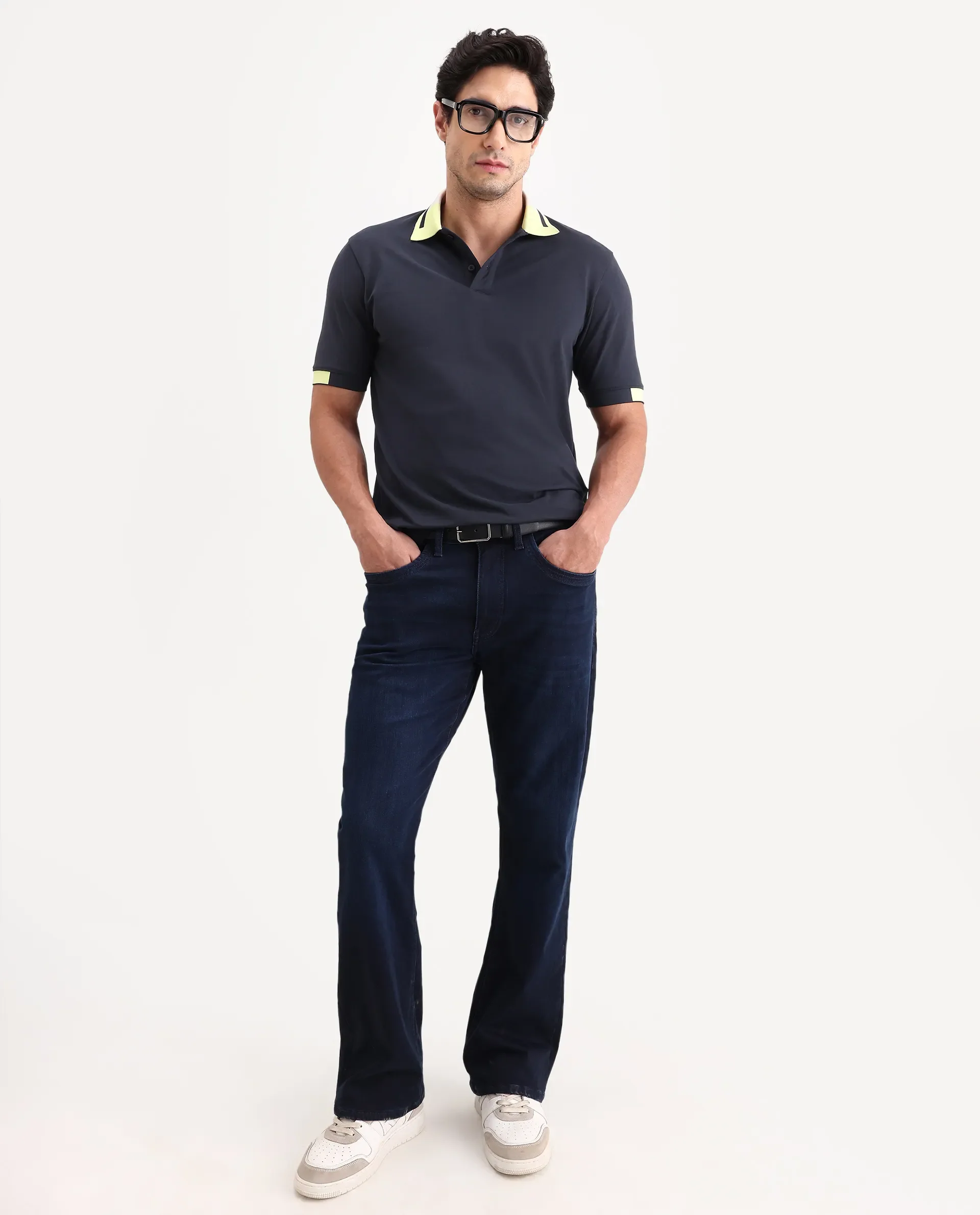 Rare Rabbit Men's Hub Navy Cotton Blend Fabric Half Sleeve Spread Collar Regular Fit Plain Polo - Image 2