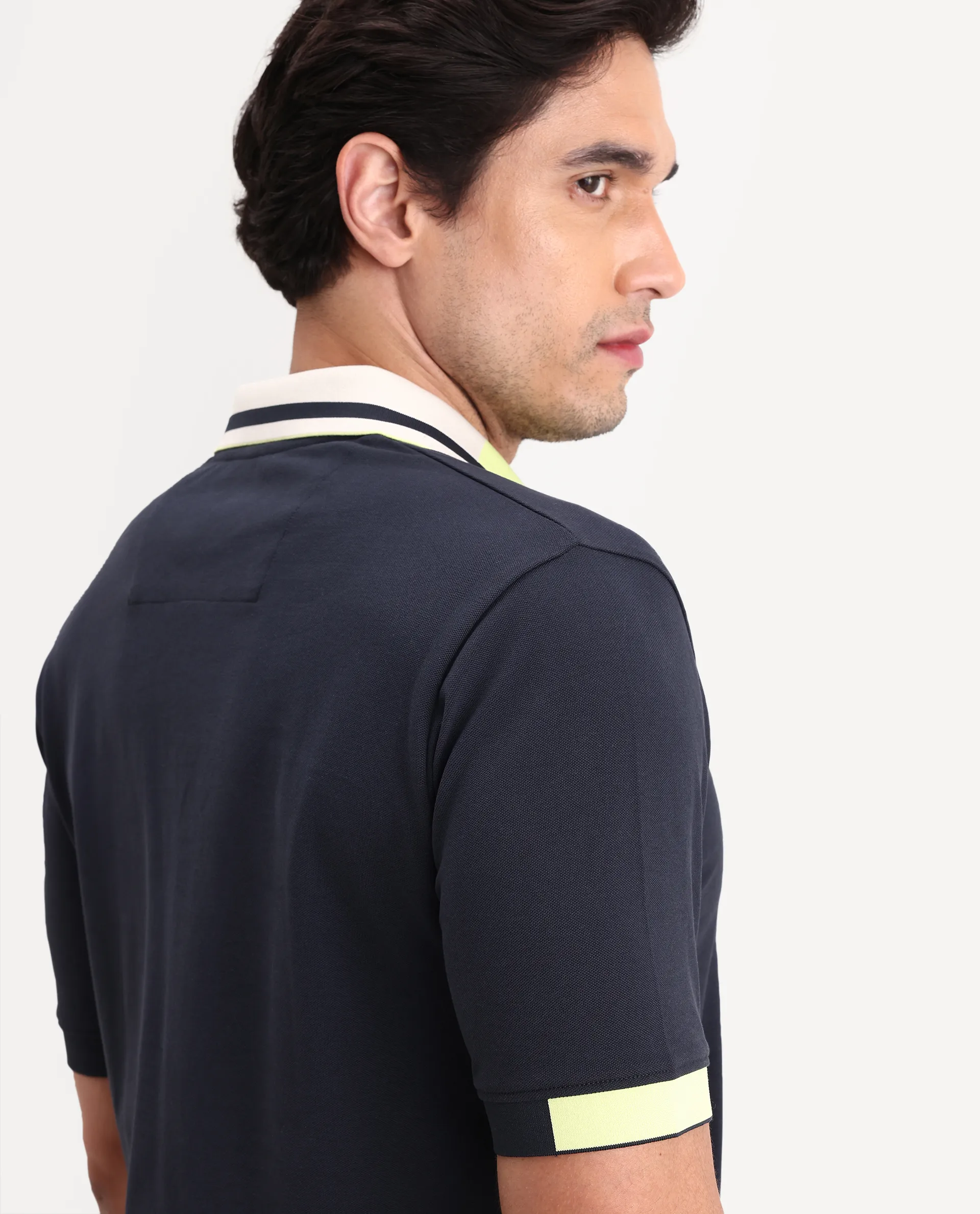 Rare Rabbit Men's Hub Navy Cotton Blend Fabric Half Sleeve Spread Collar Regular Fit Plain Polo - Image 3