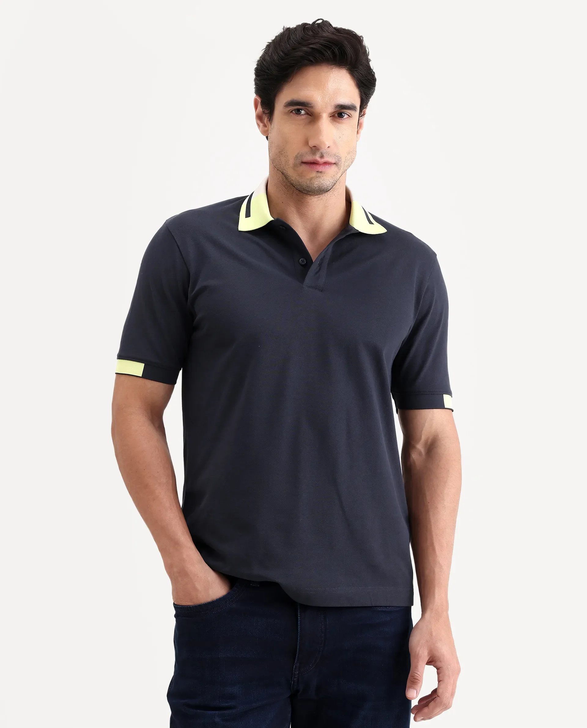 Rare Rabbit Men's Hub Navy Cotton Blend Fabric Half Sleeve Spread Collar Regular Fit Plain Polo - Image 4