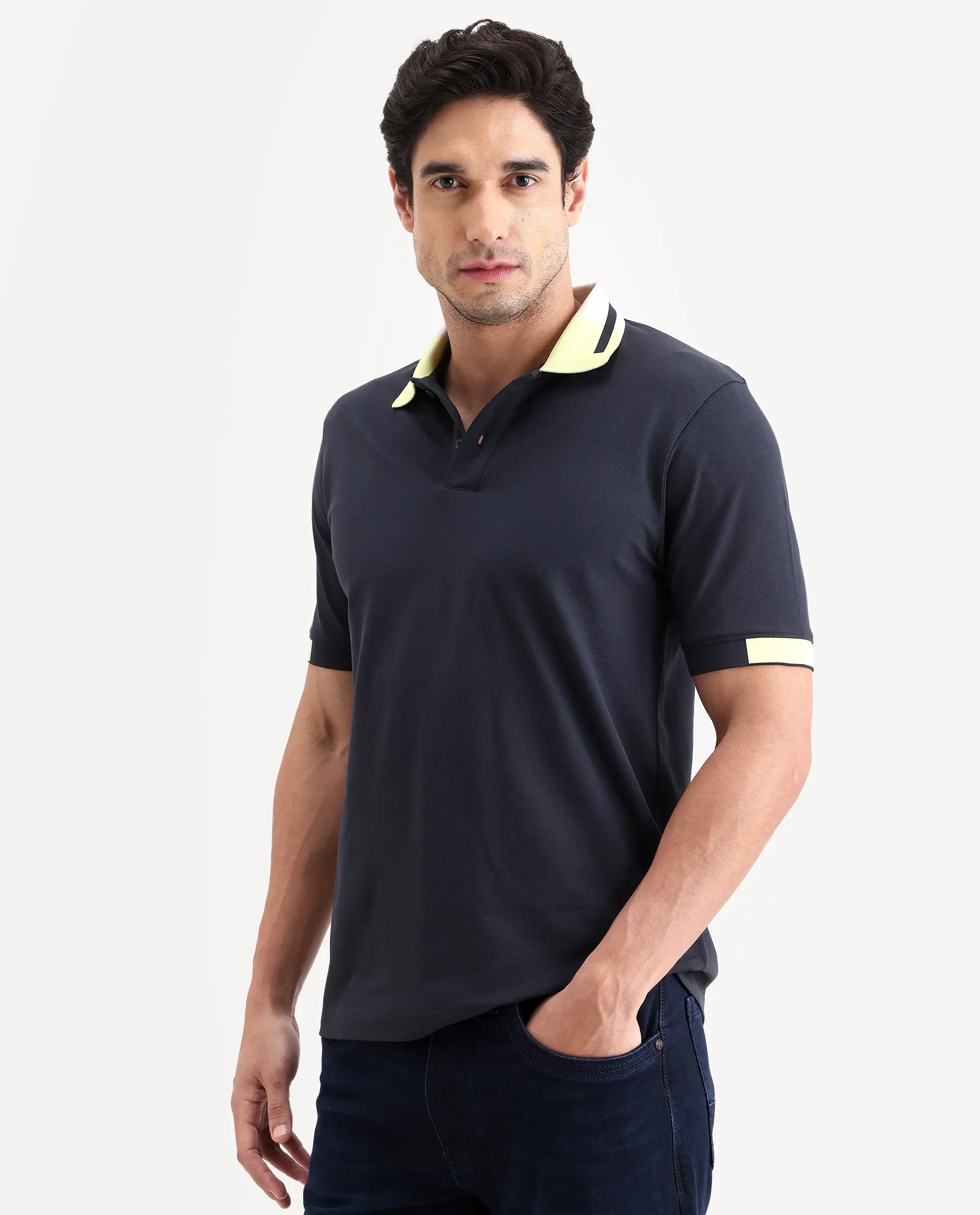 Rare Rabbit Men's Hub Navy Cotton Blend Fabric Half Sleeve Spread Collar Regular Fit Plain Polo - Image 5
