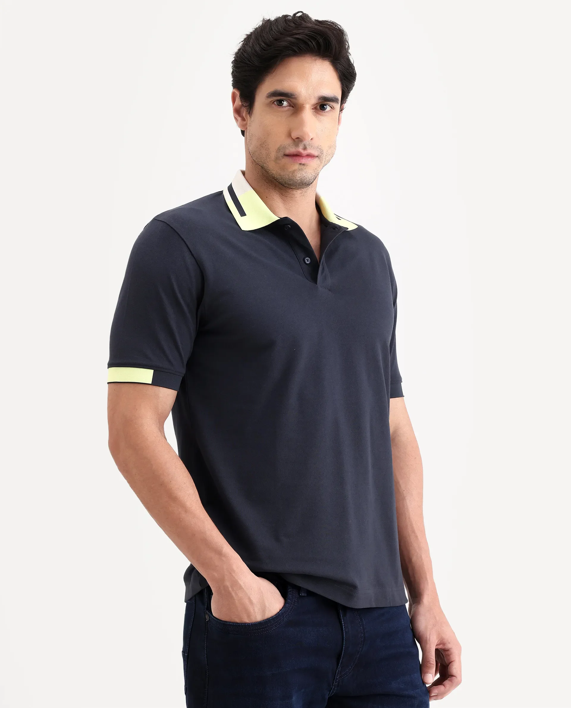 Rare Rabbit Men's Hub Navy Cotton Blend Fabric Half Sleeve Spread Collar Regular Fit Plain Polo - Image 6