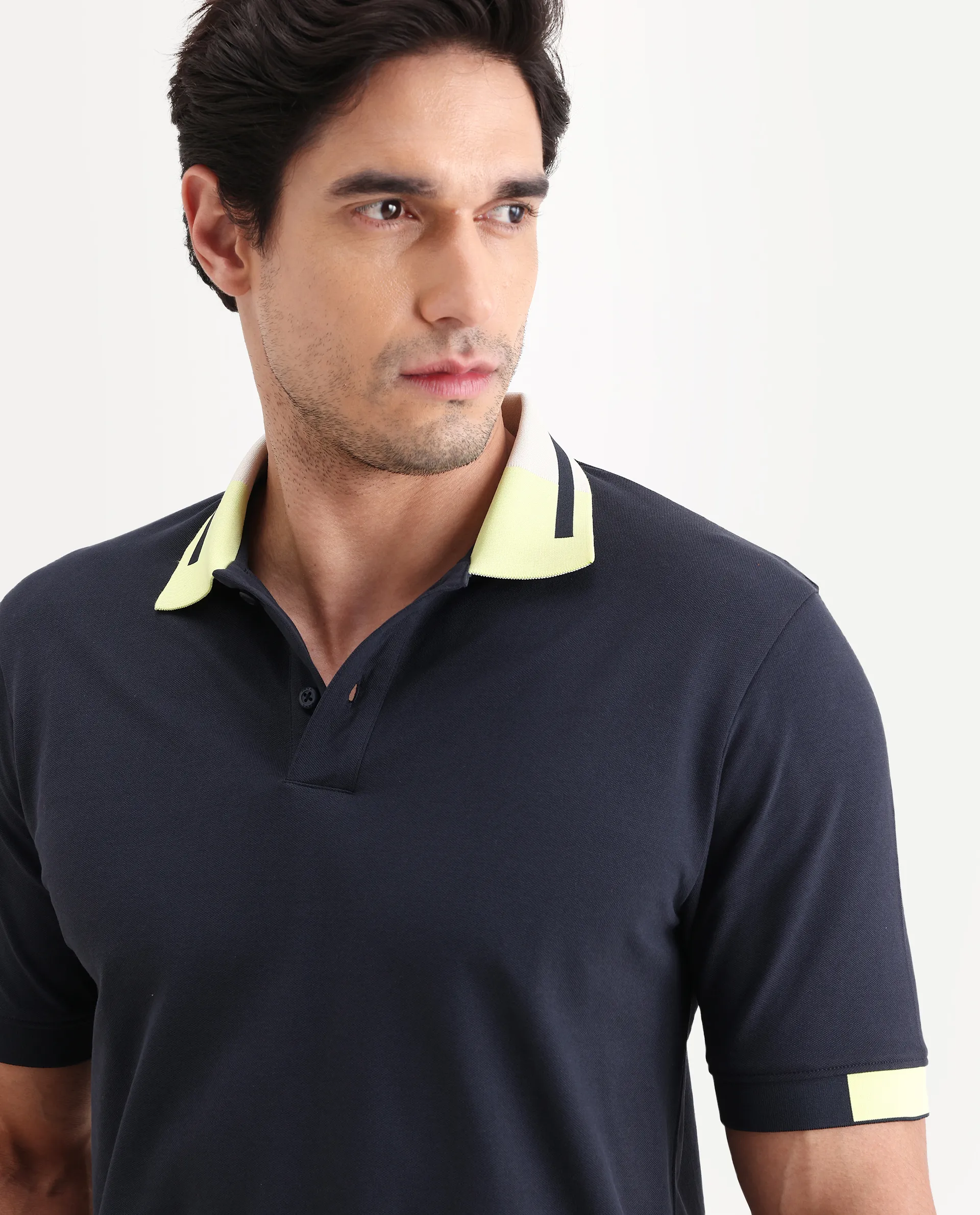 Rare Rabbit Men's Hub Navy Cotton Blend Fabric Half Sleeve Spread Collar Regular Fit Plain Polo - Image 7