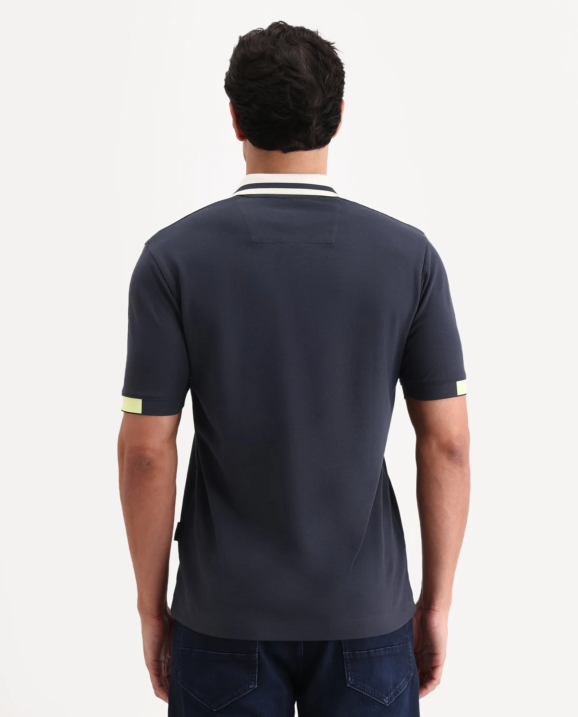 Rare Rabbit Men's Hub Navy Cotton Blend Fabric Half Sleeve Spread Collar Regular Fit Plain Polo - Image 8