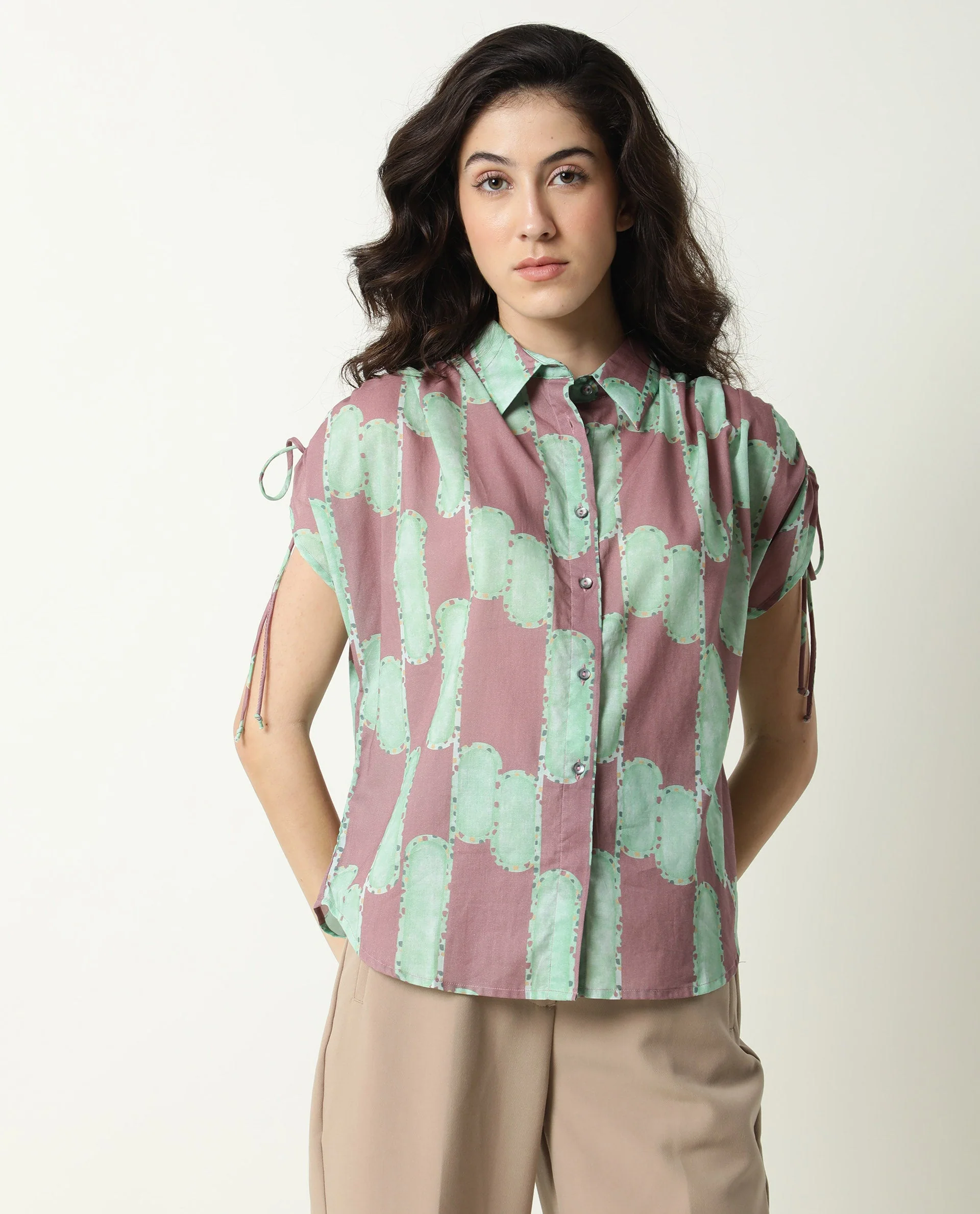 Rareism Women's Hudson Pink Spread Collar Geometric Print Knee Length Relaxed Fit Top - Image 4