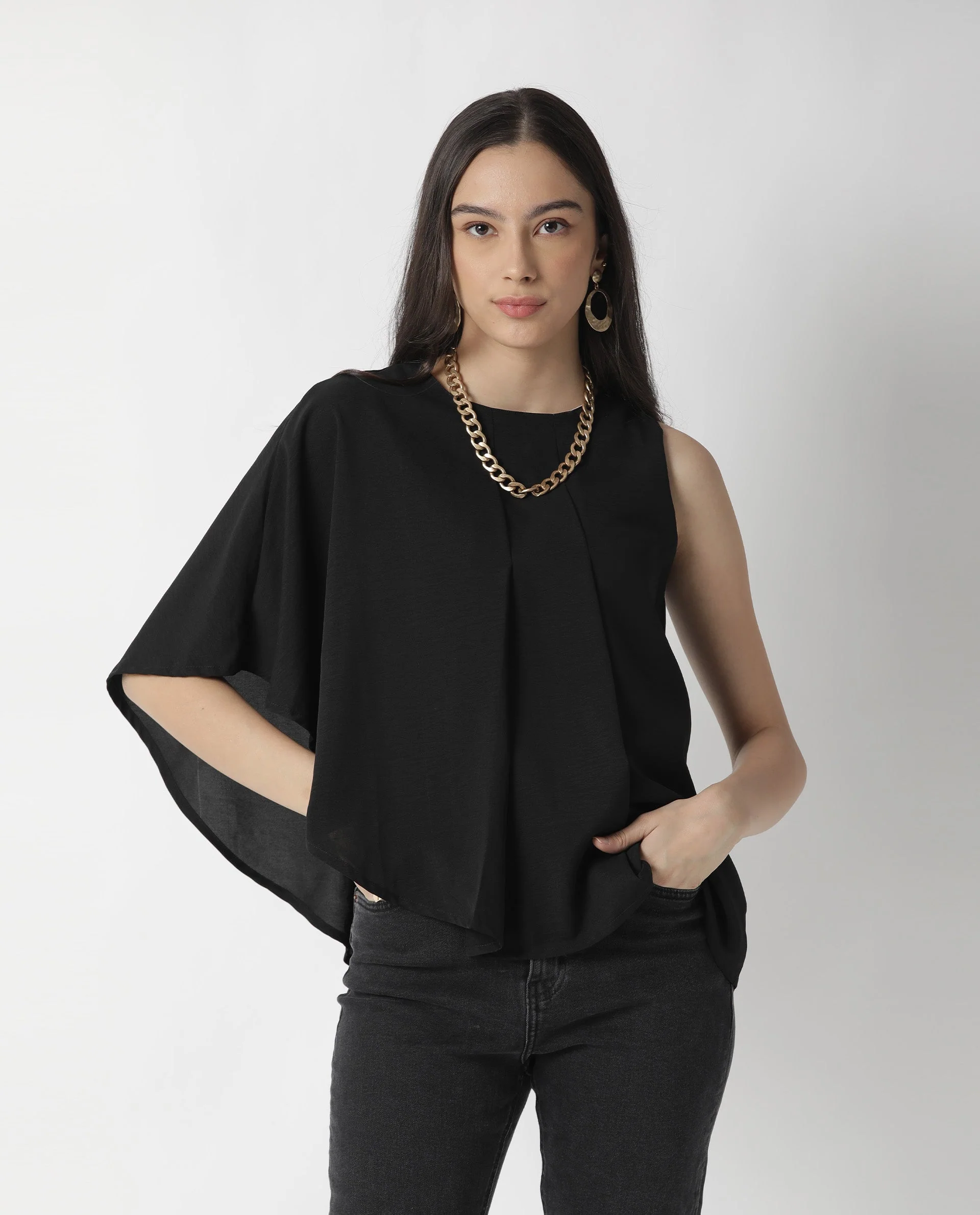 Rareism Womens Hudy Black Top Polyester Fabric Relaxed Fit Flared Sleeve Round Neck