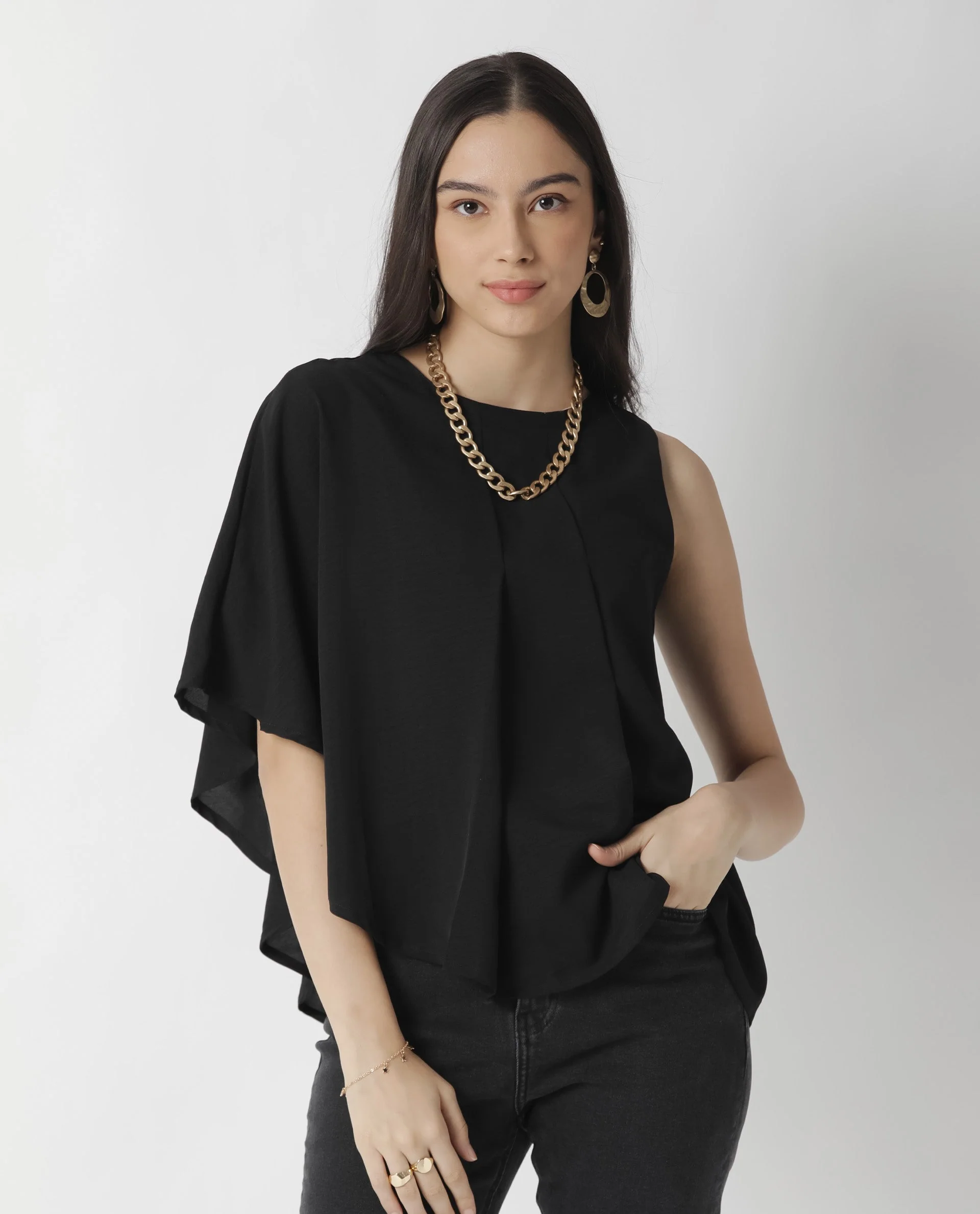 Rareism Womens Hudy Black Top Polyester Fabric Relaxed Fit Flared Sleeve Round Neck - Image 2
