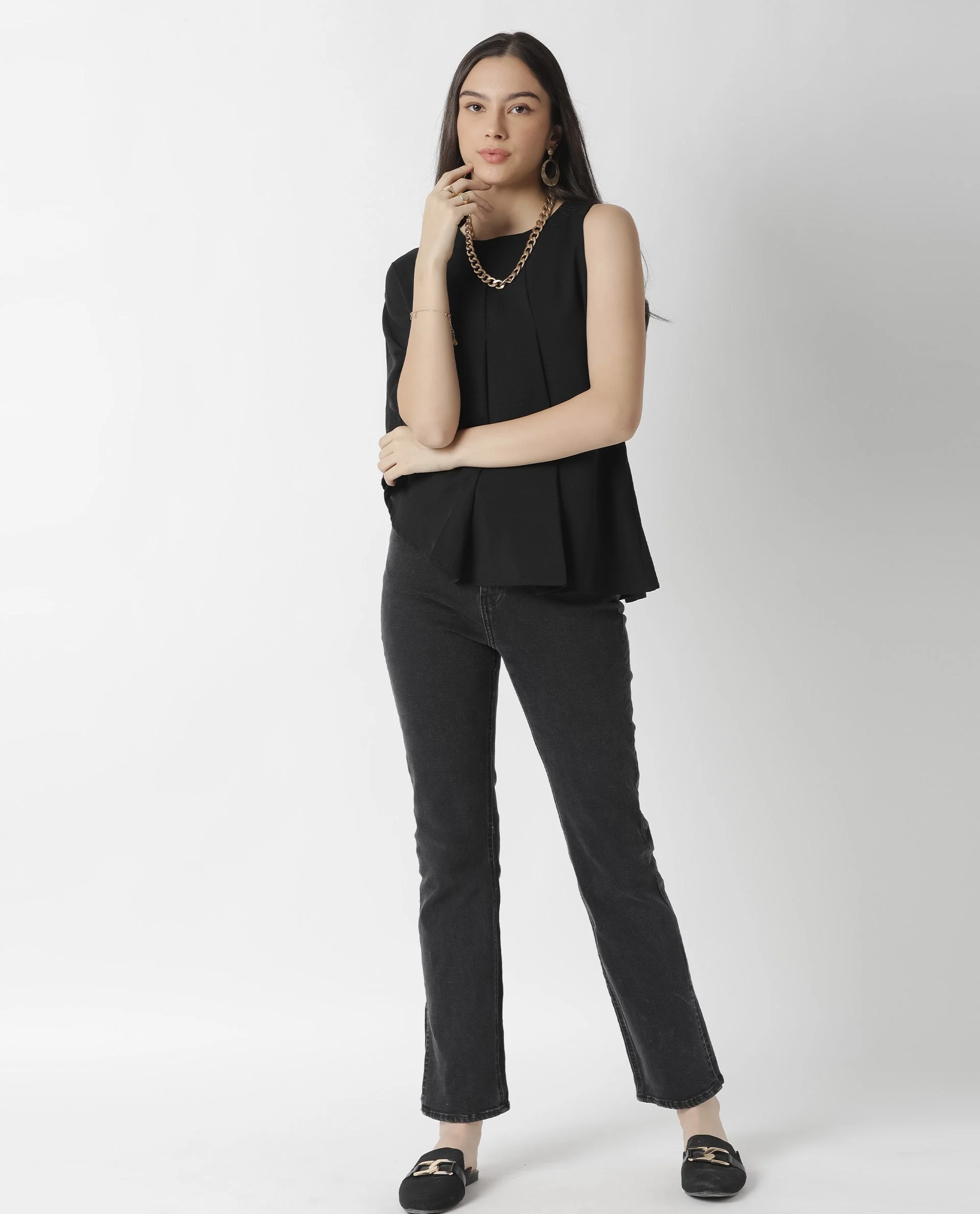 Rareism Womens Hudy Black Top Polyester Fabric Relaxed Fit Flared Sleeve Round Neck - Image 3